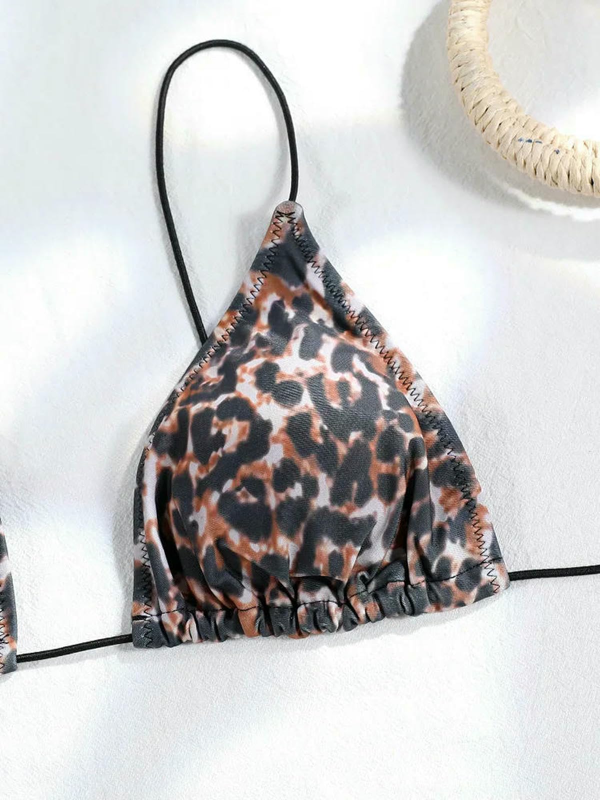 Damskie trójkątne bikini z poliestru i elastanu | Trójkątne bikini typu halter ze złotym krawatem z koralików