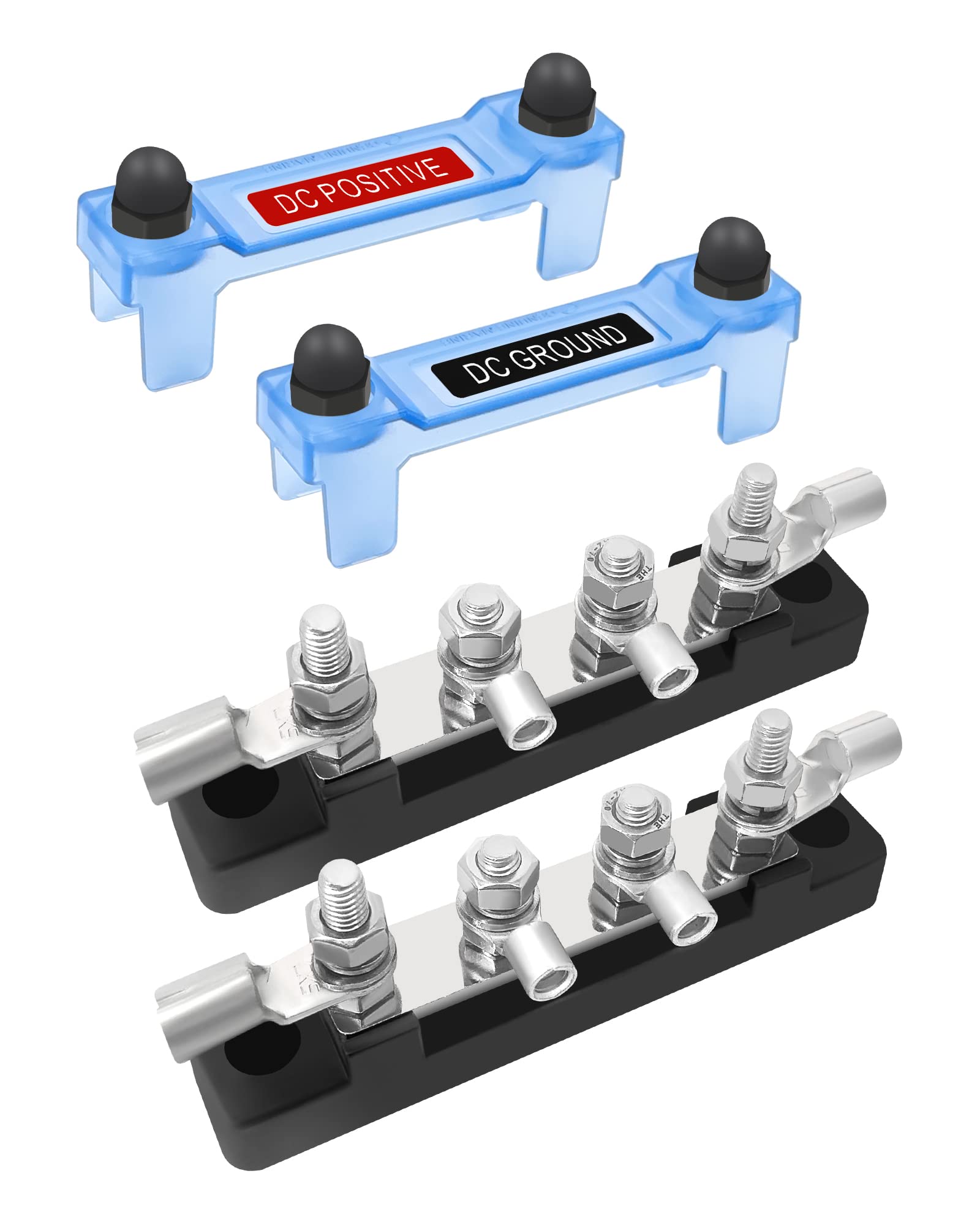 LENKRAD Lot de 2 blocs de distribution d'alimentation à 4 poteaux avec couvercle, 4 poteaux de 25,4 cm, 4 barres de bus à 4 bornes, bloc de distribution de bornes de batterie de 100 A, barre omnibus