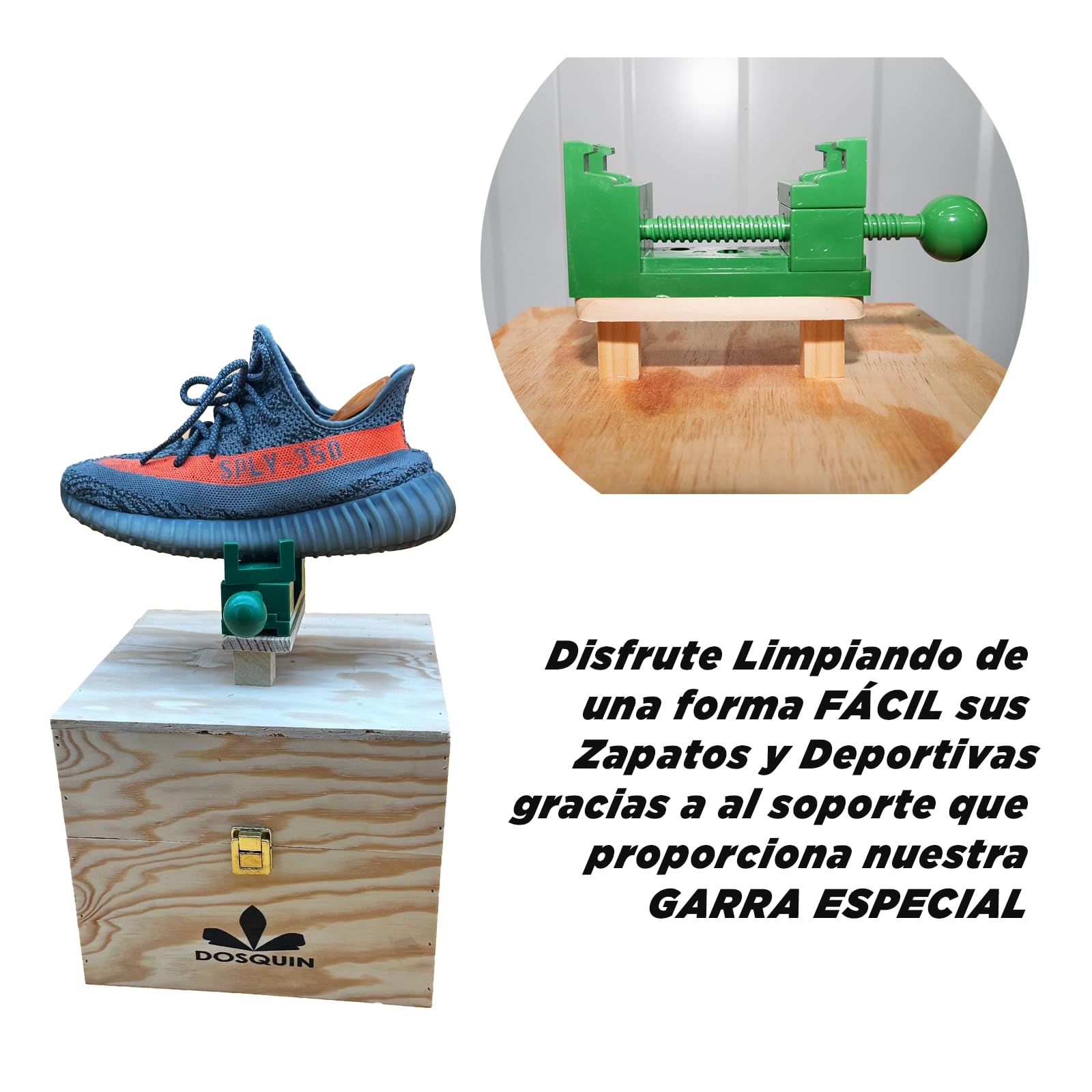 ECO BOX, Kit de limpieza de zapatillas premium, Incluye Garra Plástico de Sujección Exterior 360°, función para el Cuidado de Botas y Zapatos de Cuero, Caja de Madera ecológica