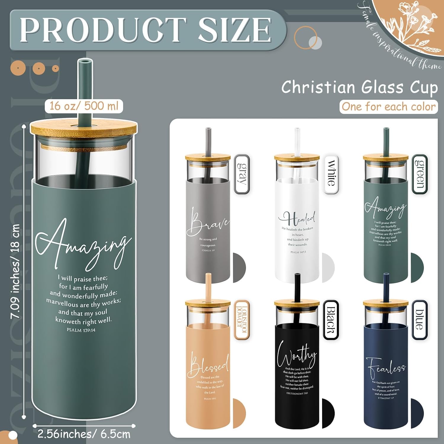 Jingmore 6 Pcs Mother's Day Bulk Gifts 16 oz Glass Cups Aesthetic Can Shaped Coffee Cups with Bamboo Lid Straw Religious Gifts for Church Women Teacher Nurse Office Favor (Bible)