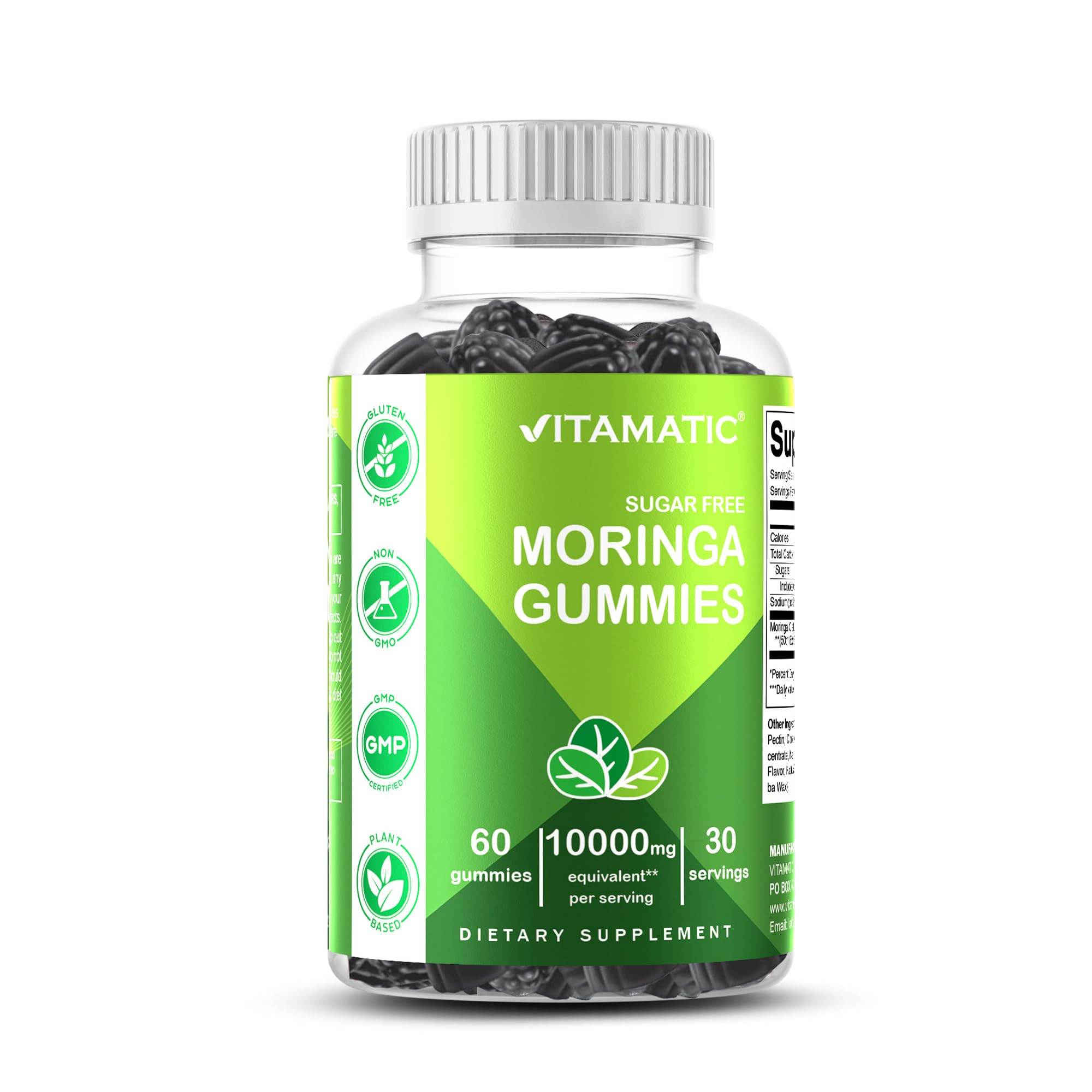 Vitamatic Sugar Free Moringa Gummies – 10,000 mg Equivalent per Serving (from 200 mg of 50:1 Extract) – Green Superfood Supplement – 60 Pectin-Based Vegan Gummies – No Sugar Added