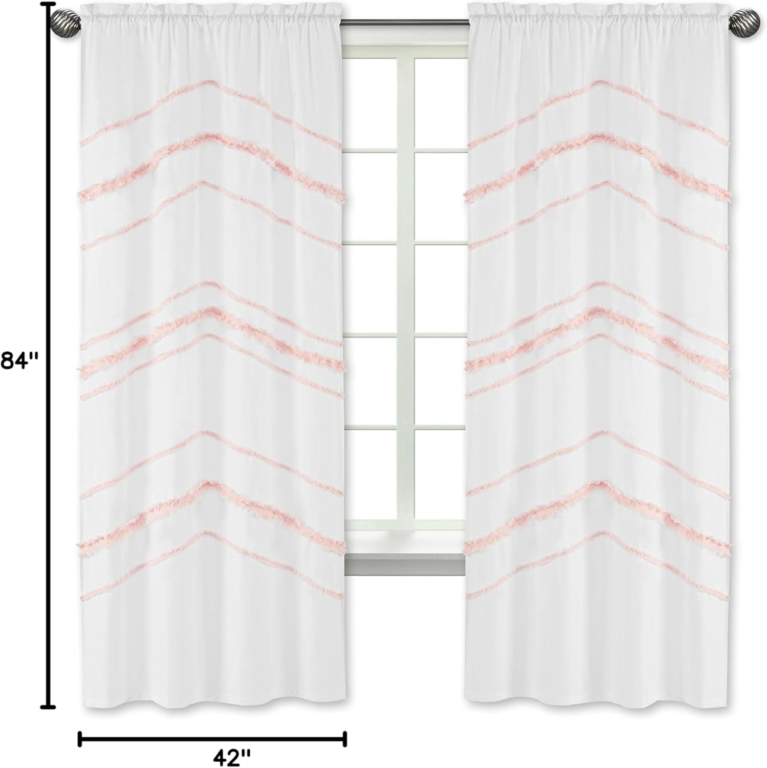 Bohemian Boho Chic White and Pink Macrame Tufted Tassel Decorative Window Treatment Panels Curtains Drapes Covering Blush Pink Textured Minimalist White Cotton Fringe Farmhouse Indie Rustic 42x84