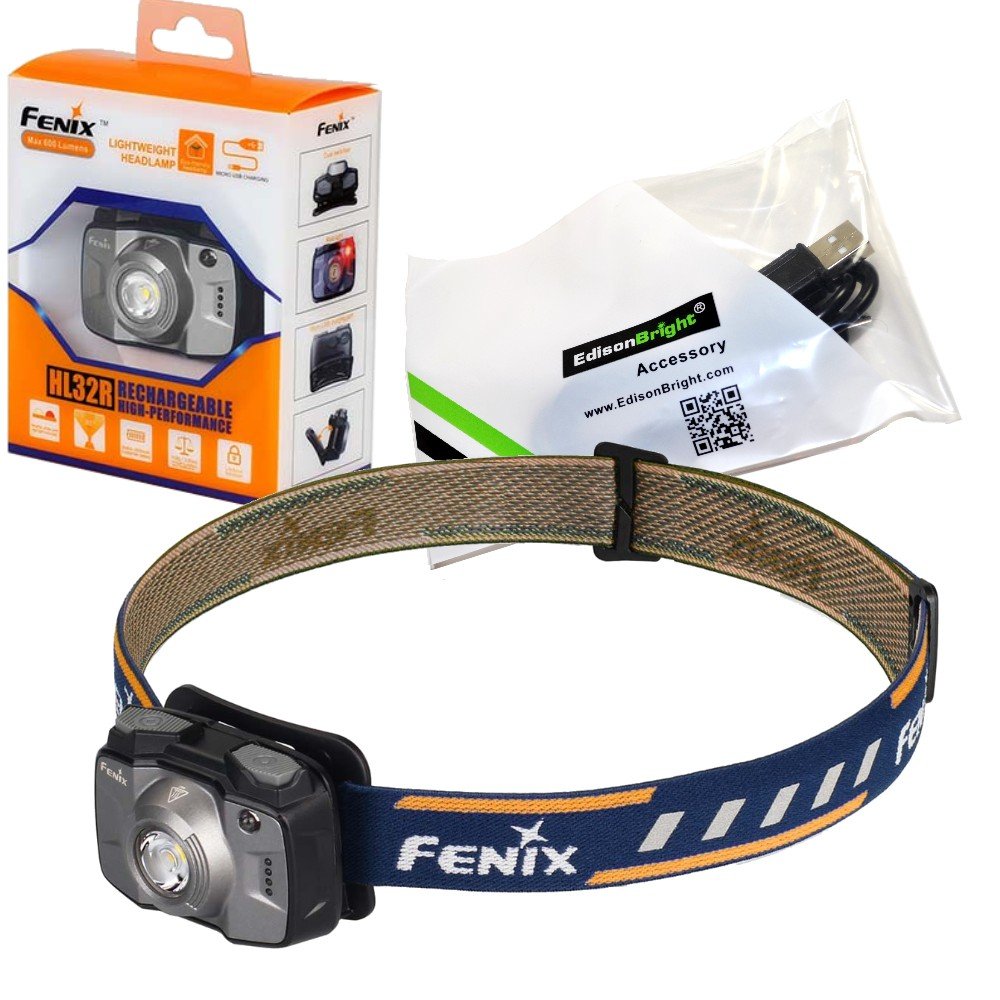 EdisonBright Fenix HL32R USB Rechargeable 600 Lumen CREE LED headlamp with red Light, USB Charging Cable Bundle (Grey)