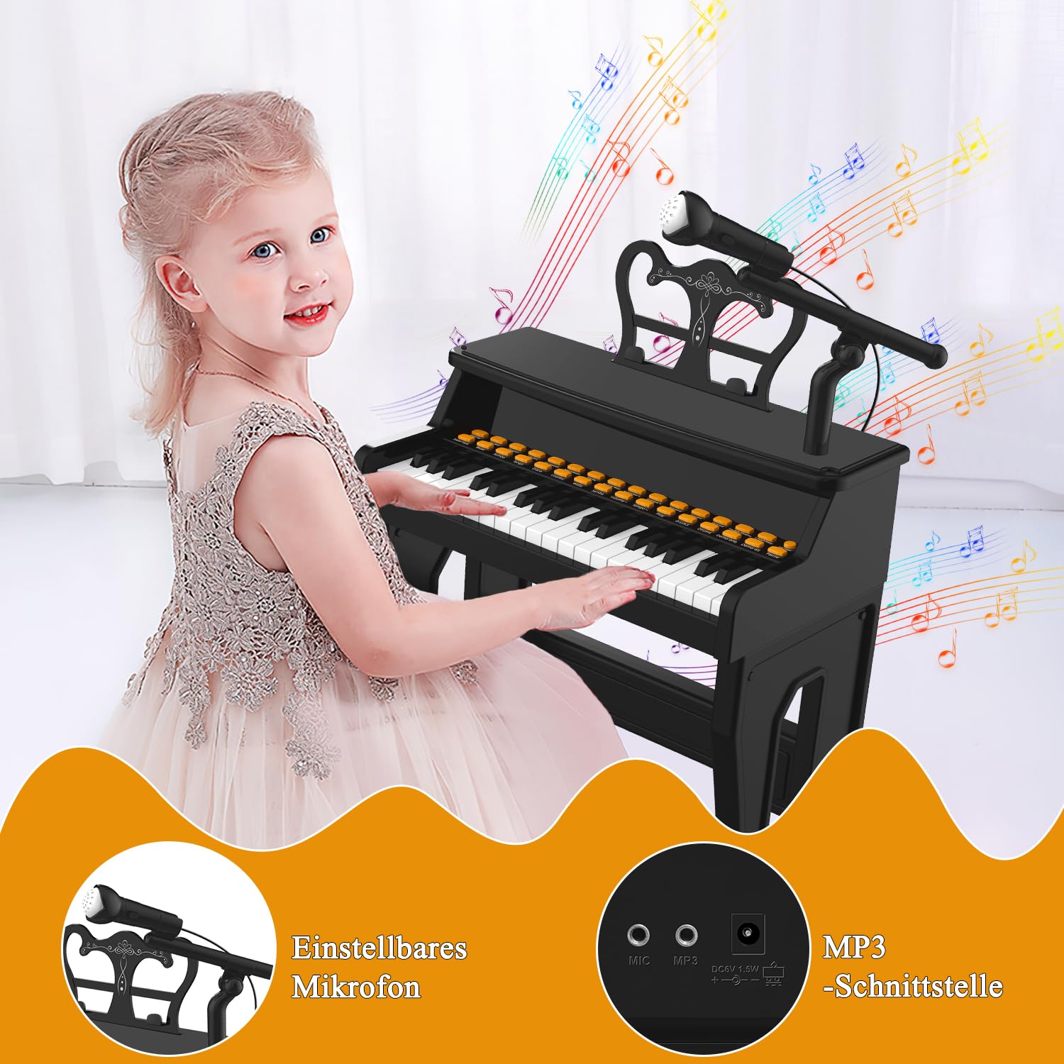 Kinder Klavier Keyboard Spielzeug, Kleinkind elektronische Musikinstrument Lernspielzeug mit Mikrofon und Hocker, Weihnachten Geburtstag Geschenk für 3+ Jahre alt (schwarz)