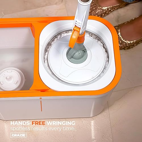 Miniatura 5 de Trapeador giratorio y cubo con escurridor, mango de acero inoxidable, sistema de autoescurrimiento, fácil limpieza de suelos para madera dura,