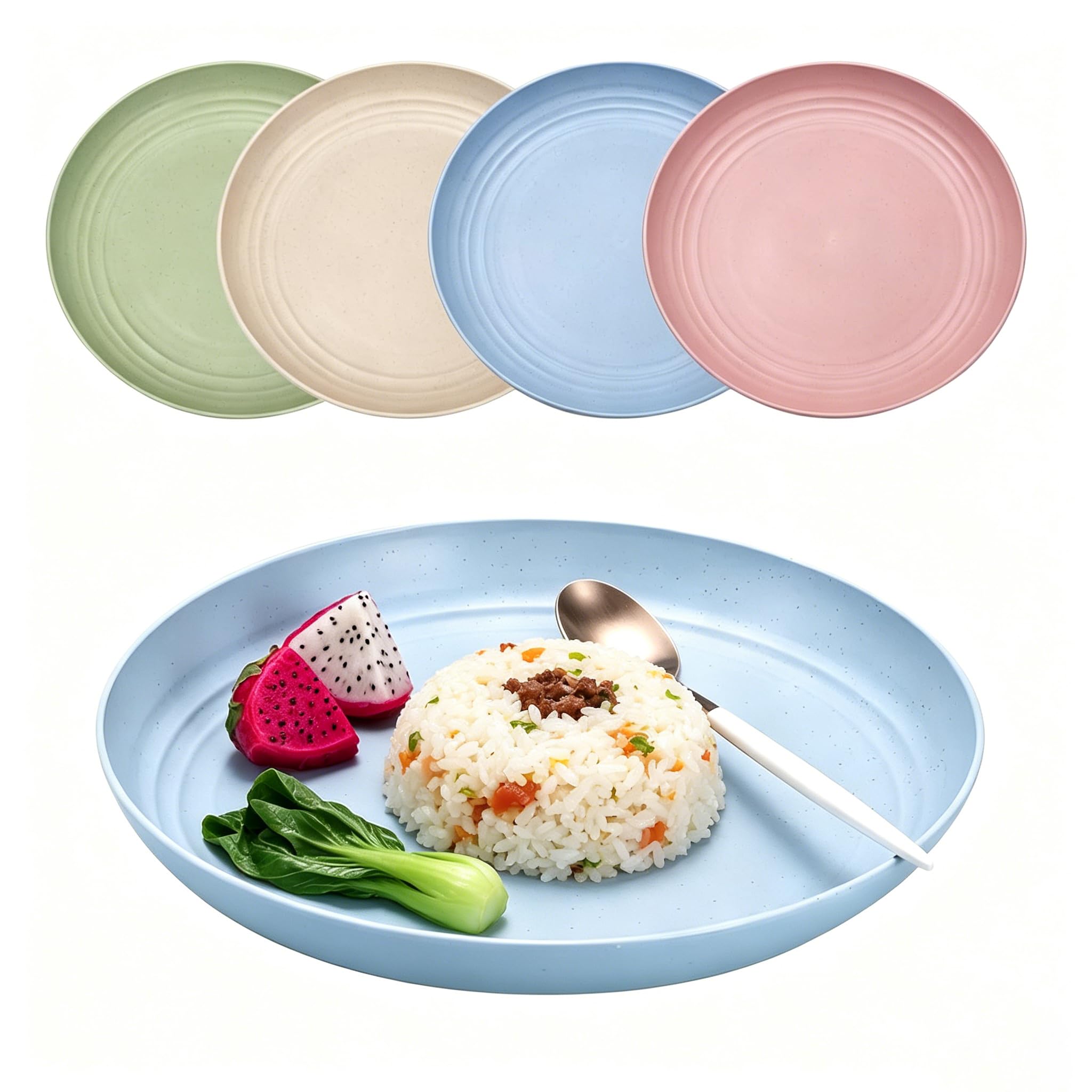 LPVVPEZ 4 Pack 9 Inch Plastic Dinner Plates – Unbreakable, BPA Free & Reusable Lightweight Plates, Microwave & Dishwasher Safe, Stackable for Camping, Daily Meals (Assorted Light Colors)