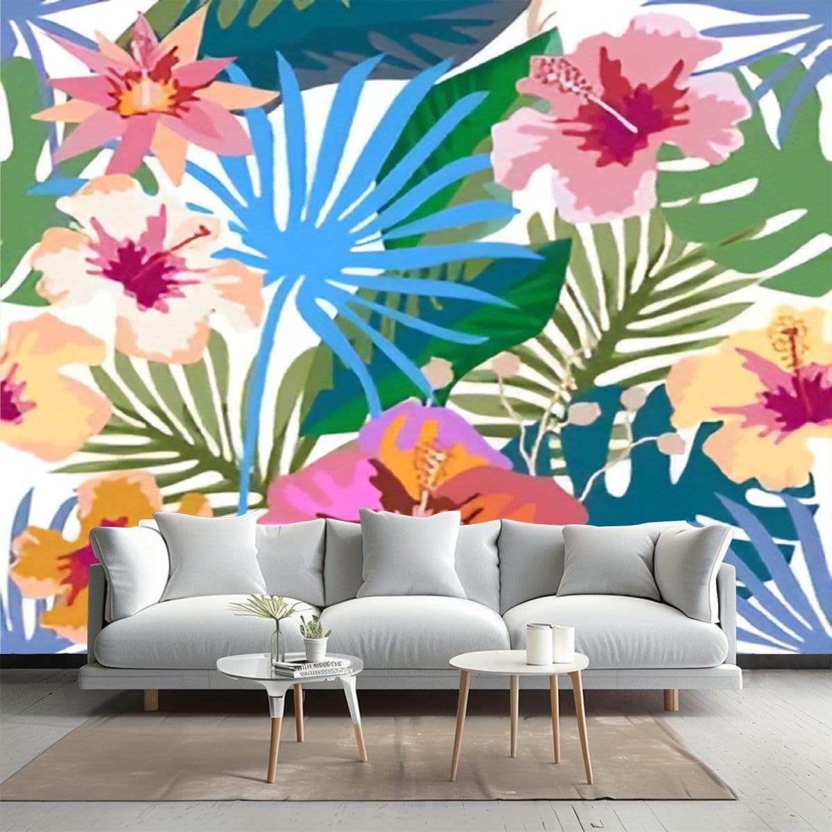 Peel and Stick Wallpaper Colorful Seamless pattern palm leaves exotic flowers Flourish print Canvas Wallpaper Wall Decor Wall Art Removable Wall mural for Room Decor Bedroom Living Room Furniture