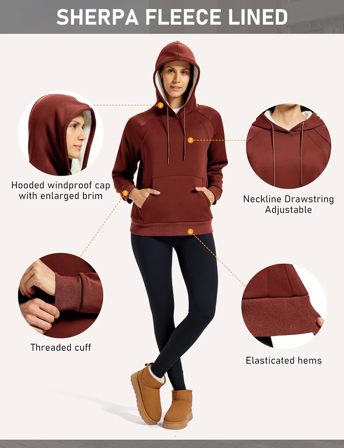 MoFiz Women's Casual Winter Warm Fleece Sherpa Lined Hoodie Sweatshirt Thick Long Sleeve Pullover with Pockets - Image 5