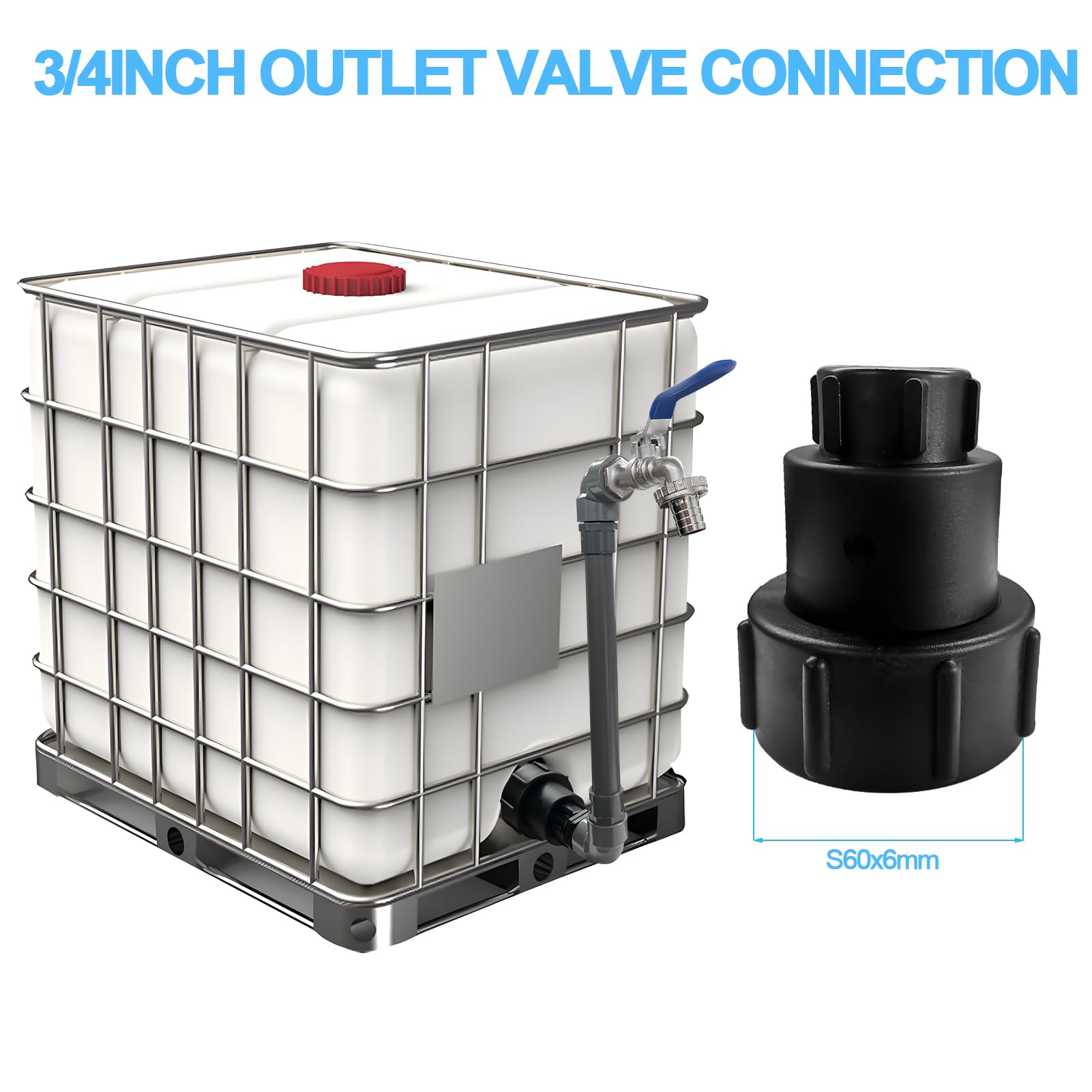 Robinet Cuve 1000L 3/4" S60X6 IBC, 2 en 1 Extension Intégrée, Raccord Cuve 1000 litres, Robinet Col de Cygne de Cuve, Adaptateur de Réservoir IBC Adaptateur Cuve (3/4")