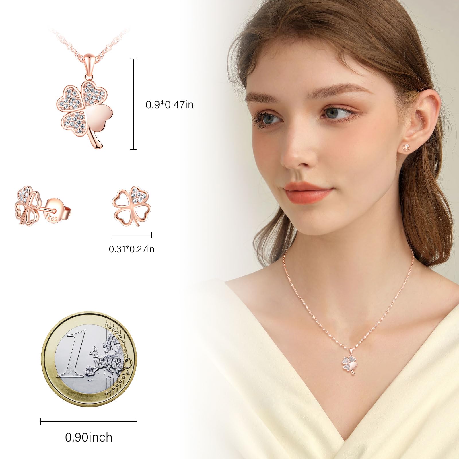 Juegos de Collar Pendientes Trébol para Mujer y Niñas, Colgante Trébol con Cadena 45cm, Aretes Trébol Circonita, Plata de Ley 925 Conjuntos Joyas de Cuatro Hojas Fiesta Cóctel