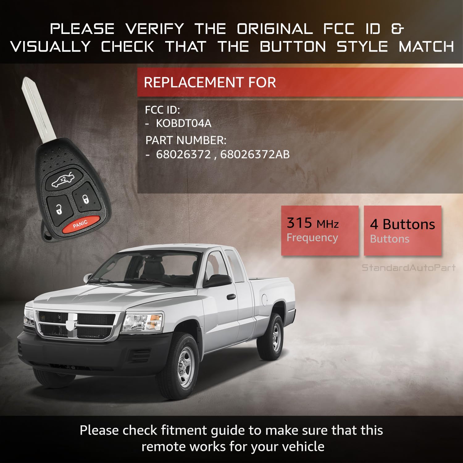 StandardAutoPart Telecomando di ricambio a 4 pulsanti compatibile con Dodge Dakota Ram Durango Charger Commander Grand Cherokee 300 KOBDT04A (chiave completa)