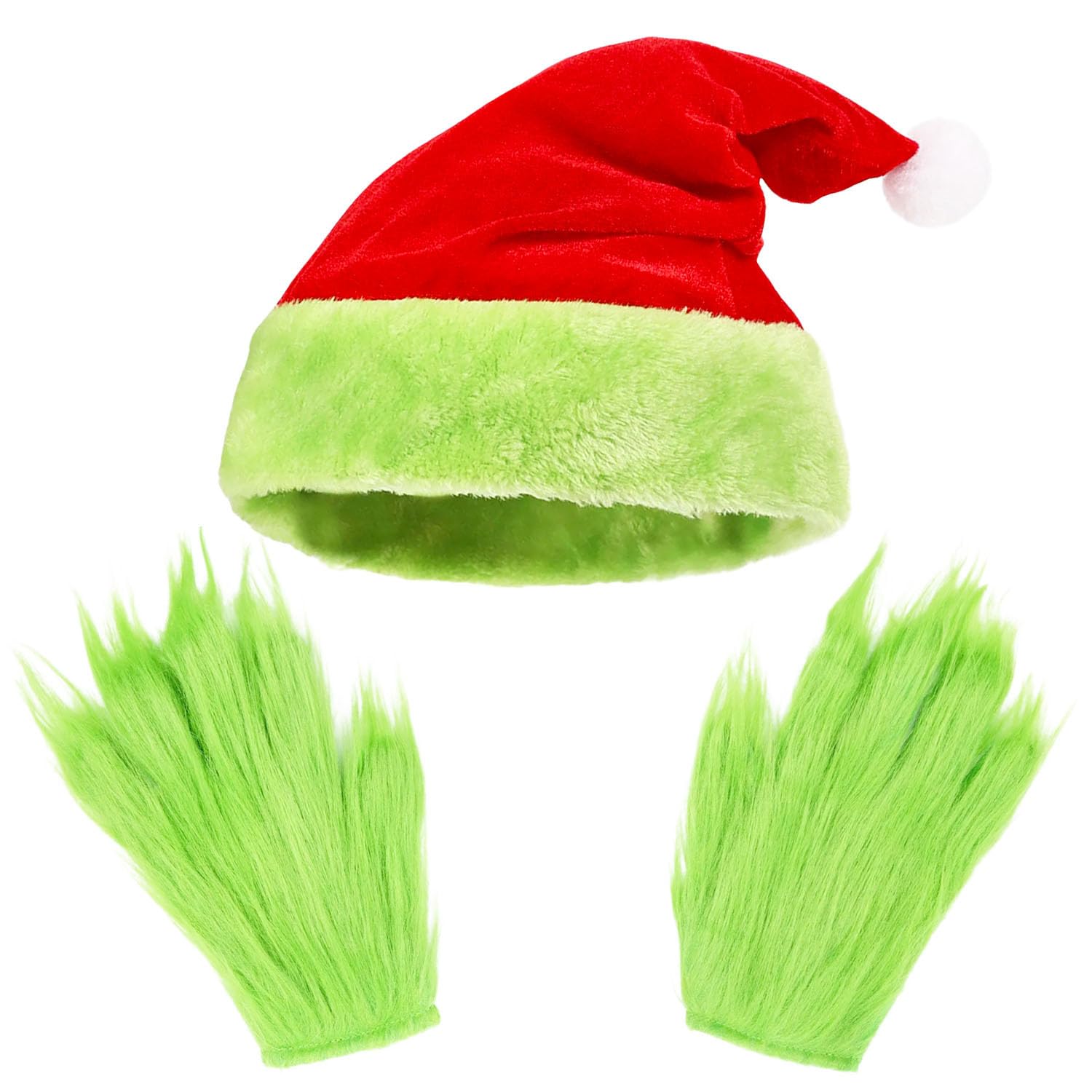 SHIFANQI Green Furry Monster Gloves and Santa Hat Set, Funny Green Halloween Christmas Gloves, Santa Furry Hand Gloves and Santa Hat Christmas Costume Cosplay Props Accessories for Adult