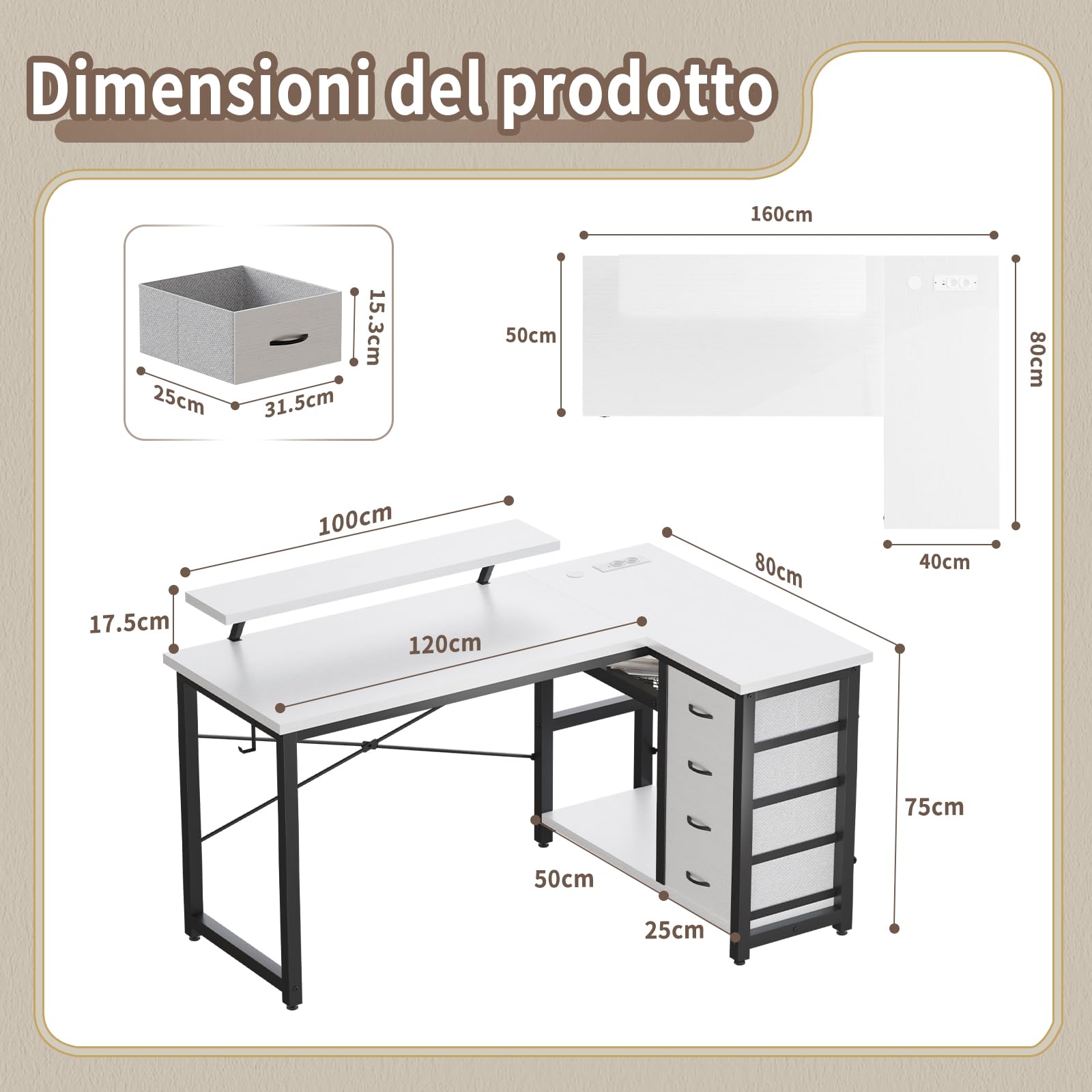 JUMMICO Scrivania a forma di L con 4 cassetti in tessuto, scrivania angolare reversibile con 2 prese e 2 porte USB, scrivania per computer a forma di L, per home office gaming, bianco, 160 x 80 cm