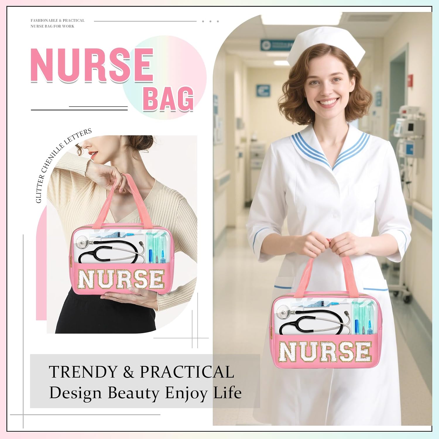 Nurses Week Gifts Chenille Letter Clear NURSE Makeup Bag for Women,Preppy Nurse Cosmetic Pouch Zipper with Handle Nurse Essentials Bag for Work Supplies,Travel Waterproof Toiletry Storage(NURSE-Pink) image 5