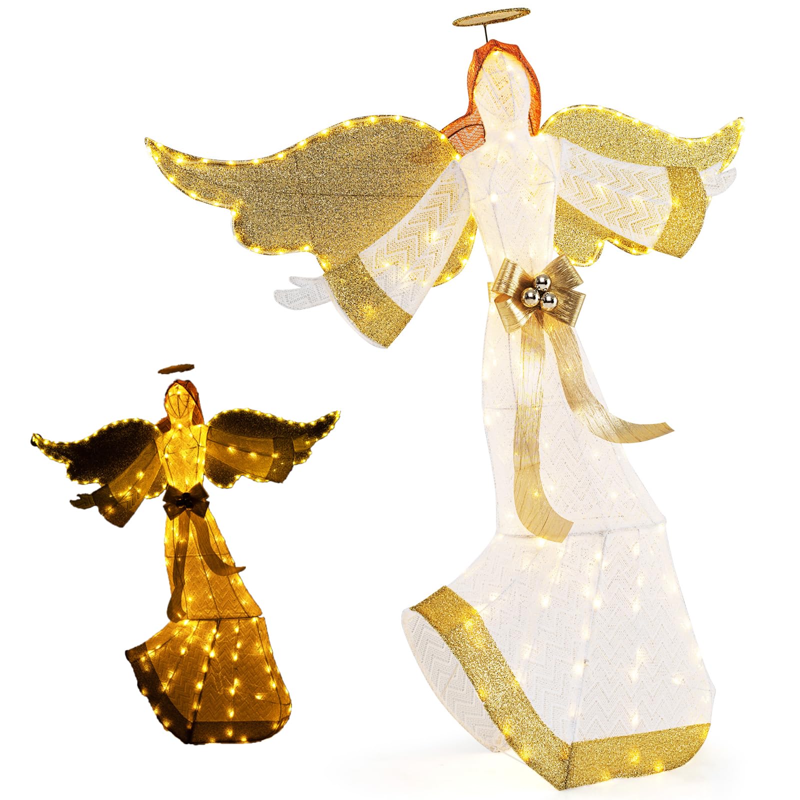 GYMAX Angelo Luminoso da 160 cm, Decorazione Natalizia Luminosa con Aureola e Fiocco, Lacci e Paletti per Terreno, Figura Alata Festiva Preilluminata con 180 LED per Soggiorno, Cortile, Giardino