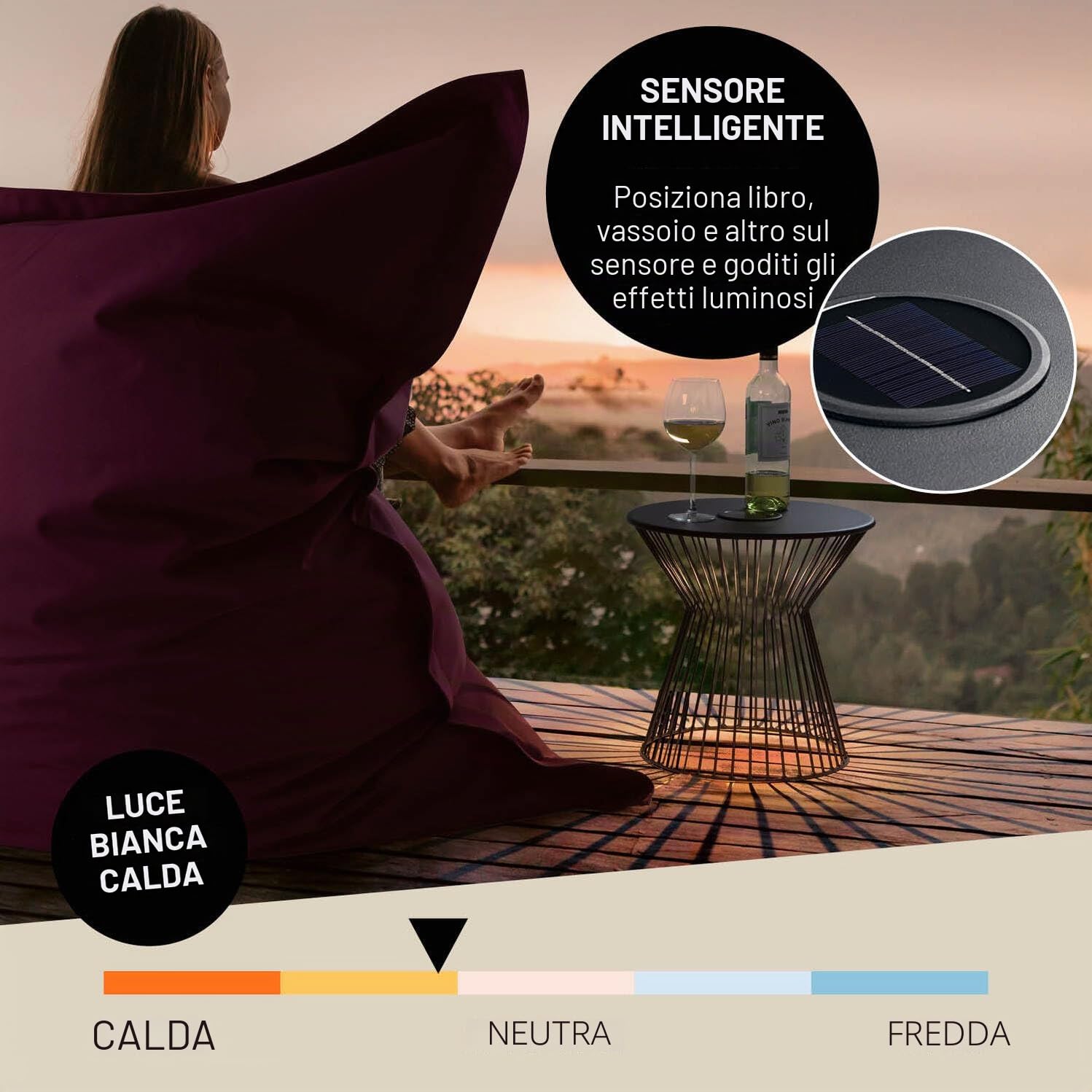 Lumaland Tavolino con illuminazione solare a LED, ideale come tavolino da salotto, comodino, tavolo da giardino e tavolo da balcone, resistente alle intemperie e robusto, per interni ed esterni, USB e