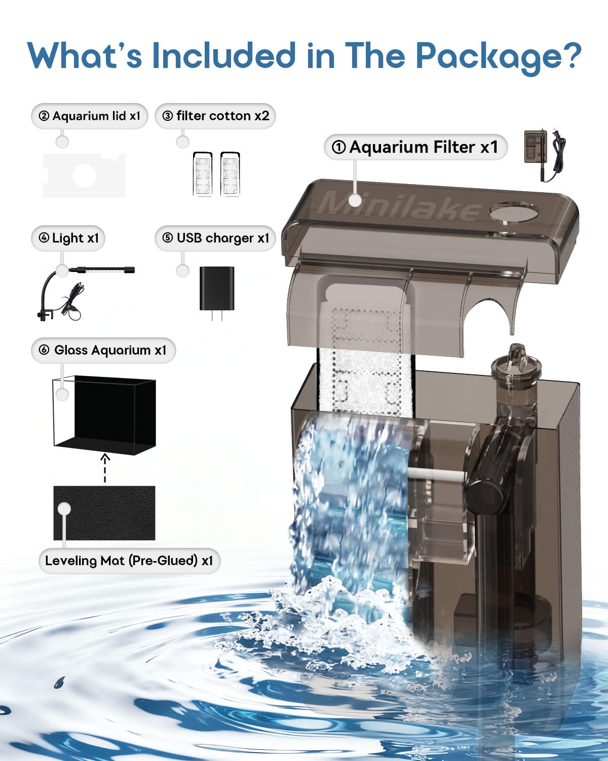 Betta Fish Tank in vetro da 3 galloni, starter kit con filtro, luci, coperchio
