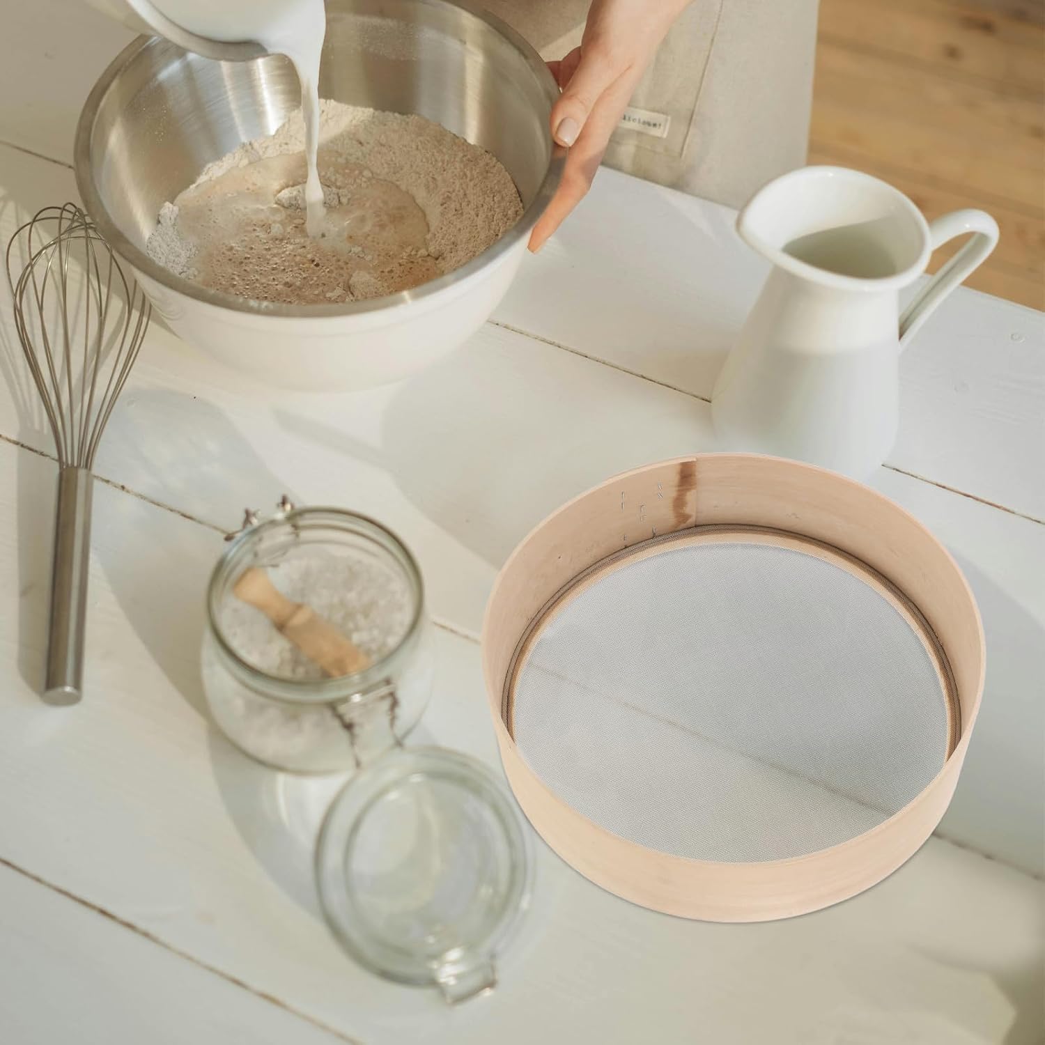 Wooden Flour Sifter with Fine Stainless Steel Mesh, 30cm round Baking Sieve for Household Baking and Soy Milk Straining, Multifunctional Kitchen Mesh Strainer