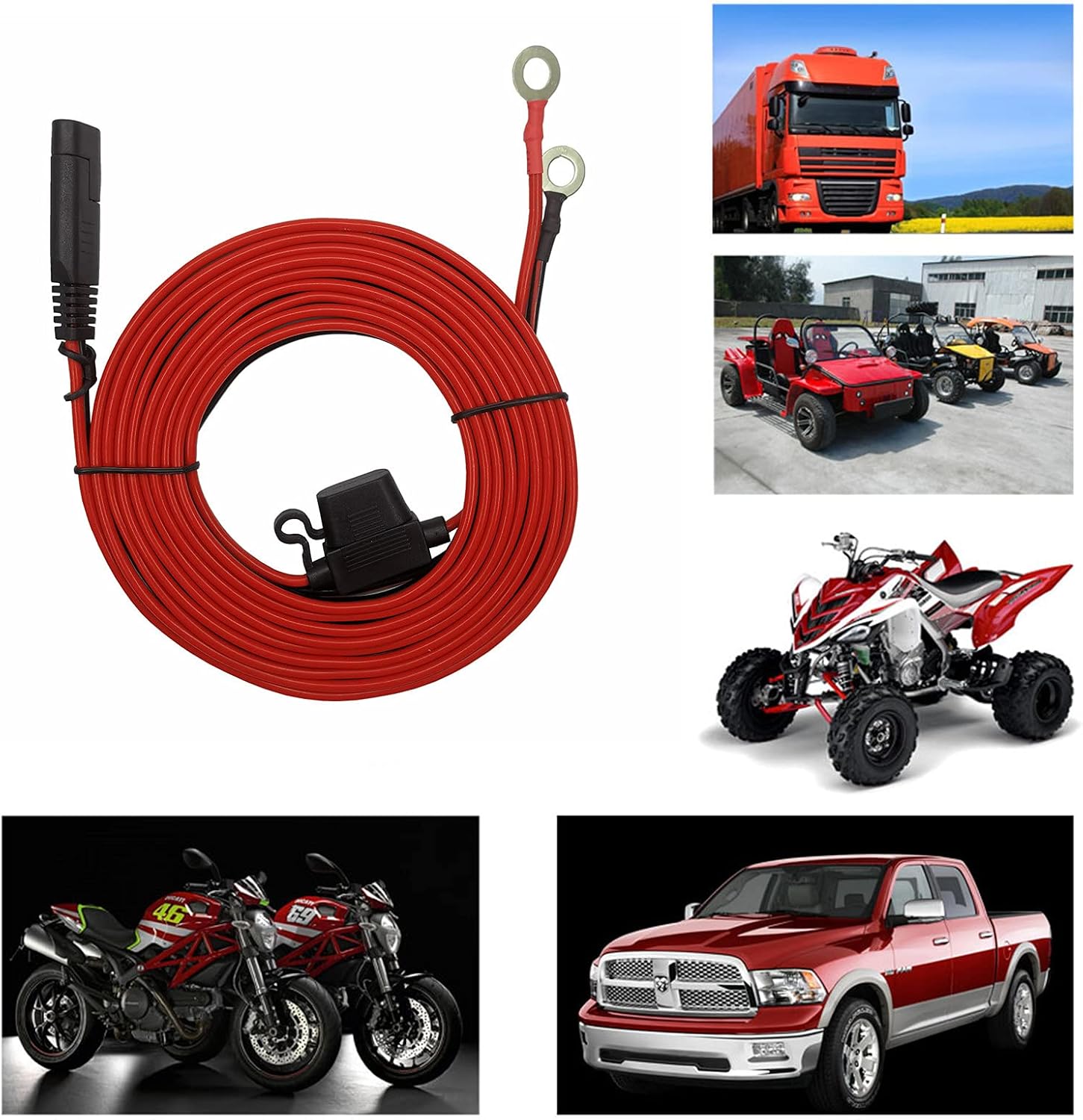 O Ring Terminal Wiring Harness SAE Cable - Battery Charging Cord 2-Pin Quick Connect Disconnect Plug Battery Extension Cable 12V- 24V with 15A Fused 16AWG Copper Wire for Motorcycle (12ft)