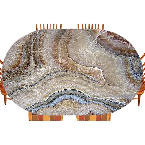 Marble Oval Table Cloth, Surreal Onyx Stone Surface Pattern Pale