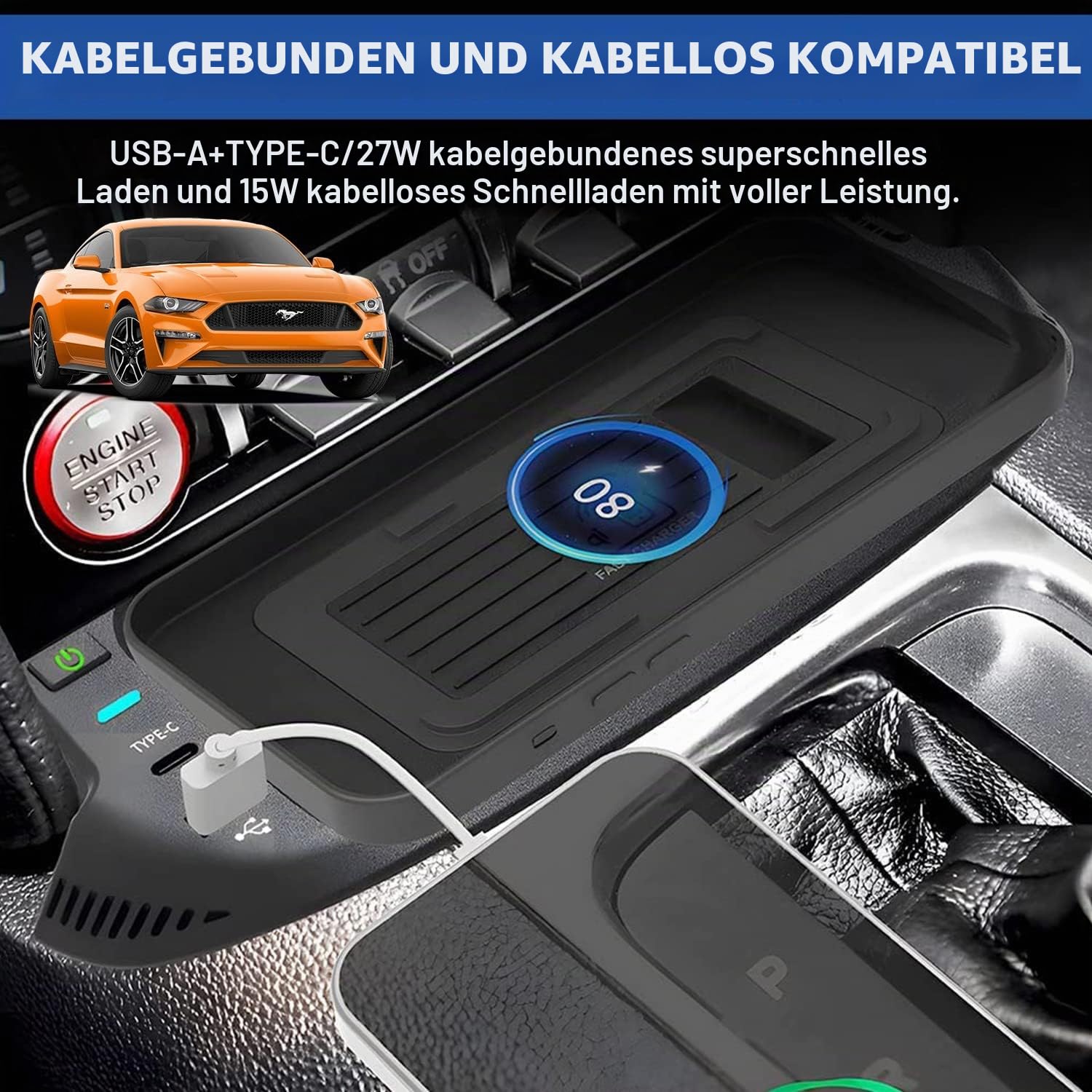 Kabelloses Ladegerät Auto für Ford Mustang Coupe Convertible GT Shelby 2015-2023, 15W Wireless Schnellladendes Handy-Ladegerät mit QC3.0-USB-Anschluss für iPhone 12/13/13Pro Samsung S22/S21