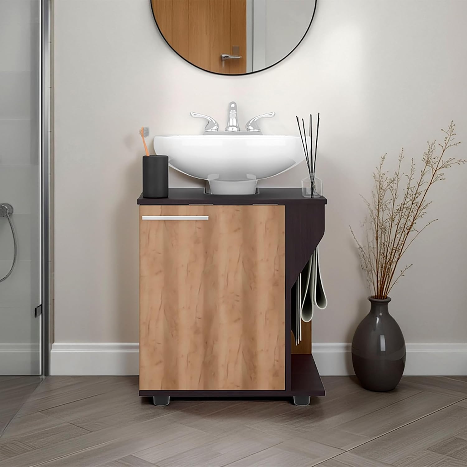 22" Compact-Design Bathroom Vanity Set, Freestanding Bathroom Cabinet with Two Shelves, Pedestal Sink Bathroom Cabinet with Hidden Storage for Bathrooms, Wenge