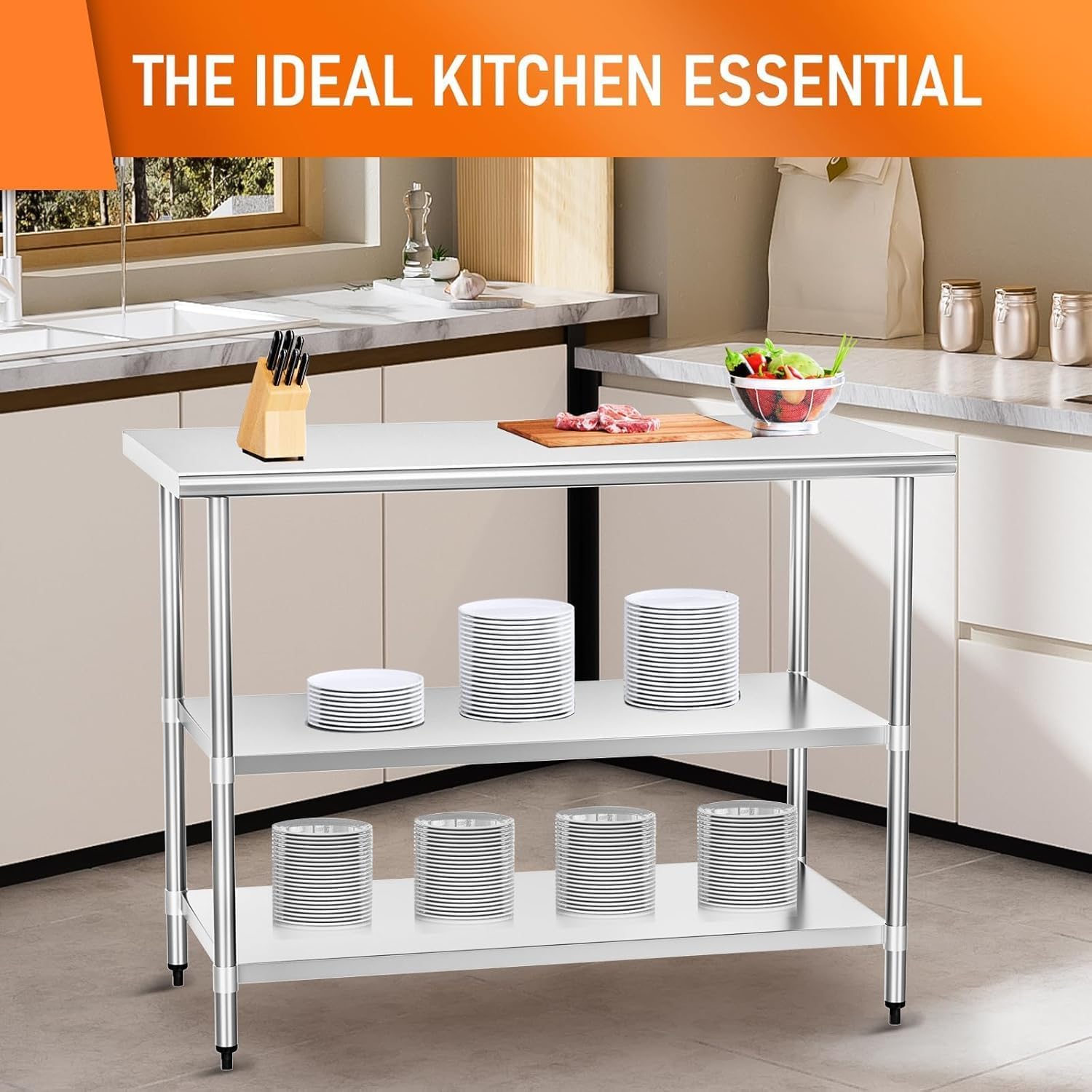 Stainless Steel Table for Prep & Work 24" X 60" inches with 2 Adjustable Shelf, Commercial Workstations, Utility Table in Kitchen Garage Laundry Room Outdoor BBQ