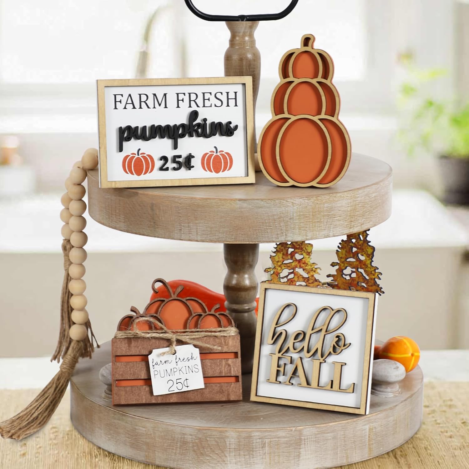 DAZONGE Fall Decor, 5PCS Fall Decorations for Home, Hello Sign, Stacked Pumpkin, Farm Fresh, Pumpkin Crate, Bead Garland, Rustic Tiered Tray Decor