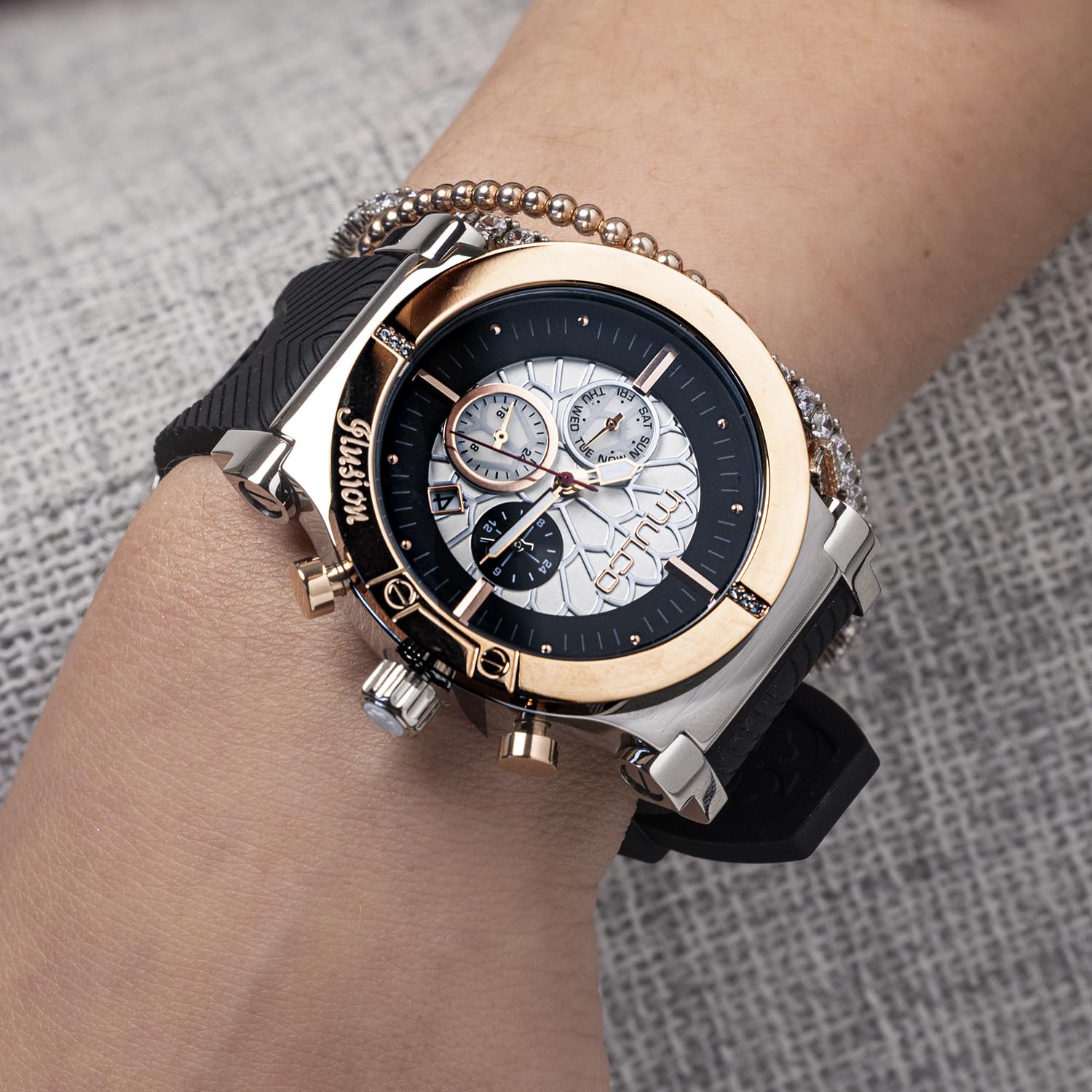 MULCO Dream Catcher - Reloj de mujer - Caja de acero inoxidable de 46 mm, movimiento analógico de cuarzo Miyota JP25, resistente al agua hasta 10 ATM, correa de silicona, multifunción, batería SR621SW
