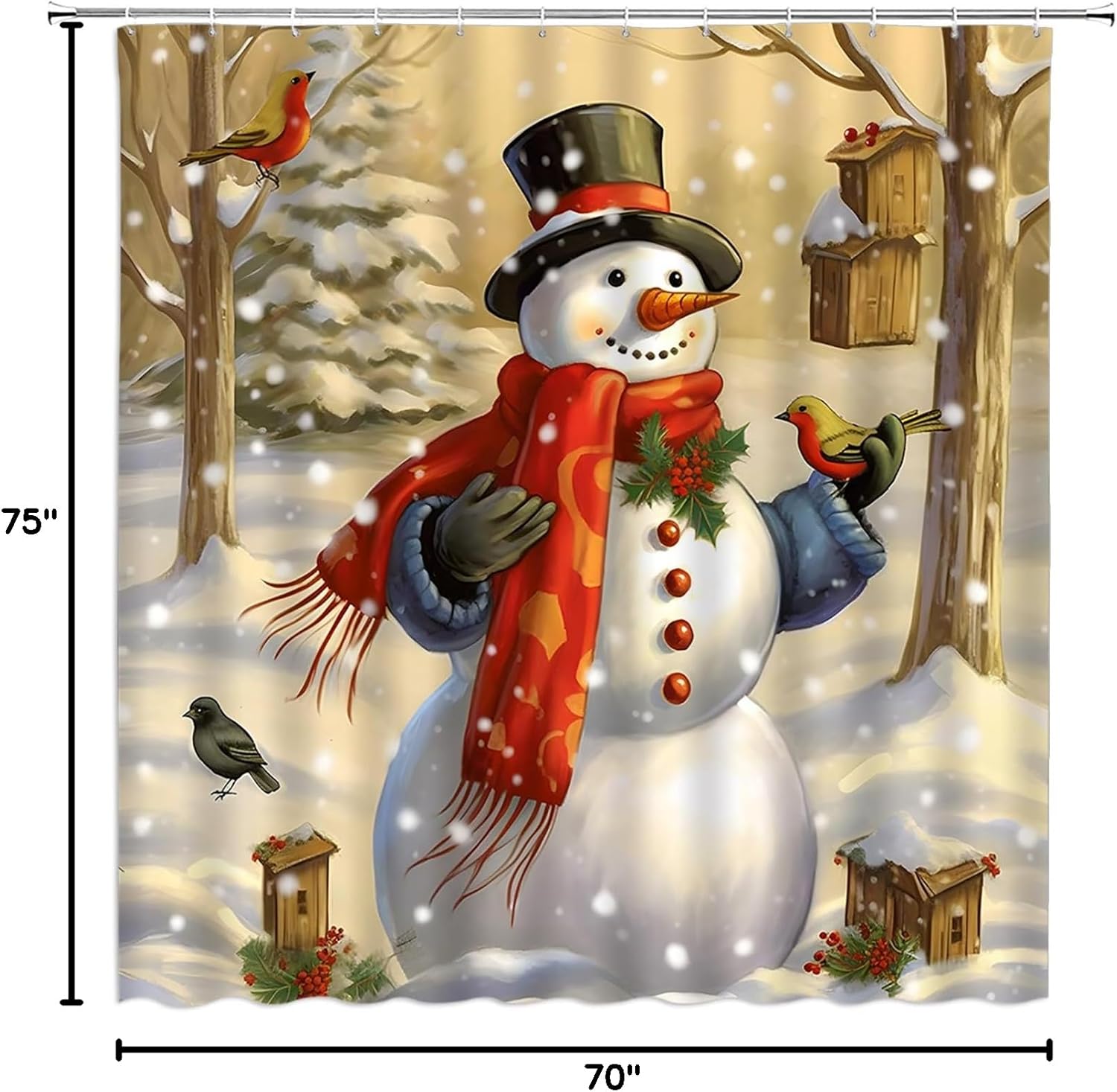 Christmas Snowman Shower Curtain Cute Snowman Retro Winter Holiday Snowflke Snowy Bird Happy New Year Vintage Cartoon Fabric Bathroom Decor Curtains with Hooks,Brown