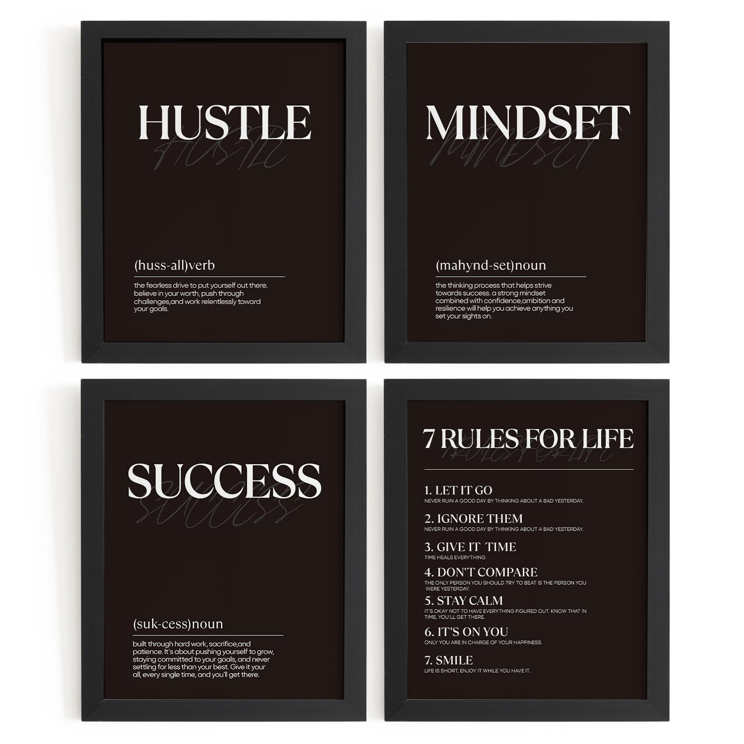 Juego de 4 cuadros motivacionales negros sin marco para decoración de pared, impresiones motivacionales negras para decoración de pared, póster de Tredny para decoración de oficina, hogar, habitación