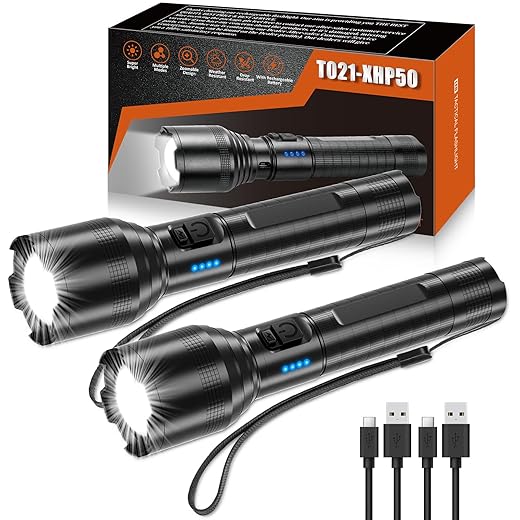 DanByte High Lumen LED Flashlights Rechargeable, Tactical Rechargeable Flashlights 10000 lm Super Bright USB Flashlight with Power Display, Zoomable, IPX7 Waterproof, 5 Modes for Camping