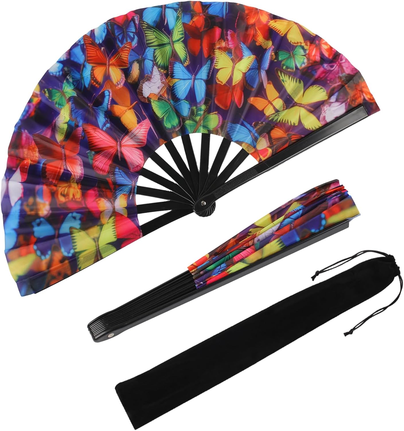2 Pack Large Folding Hand Fan Rave Fan with Bags, Men/Women Summer Clack Handheld Fan for Music Festival, Line Dance, Performance, Gift, Home Decorations(Butterfly) image 3