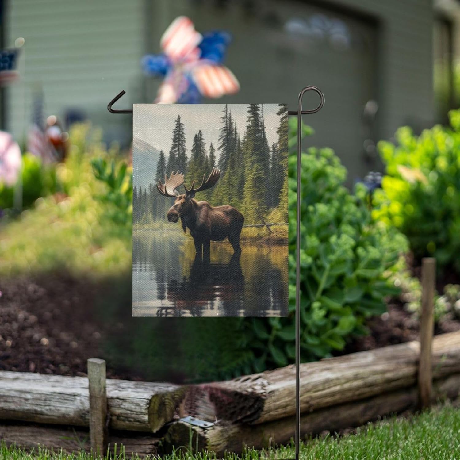 Wild Moose Forest Burlap Garden Flag, Double Sided Garden Flag Banner, House Yard Flags, Holiday Seasonal Outdoor Decorative Flag 28x40