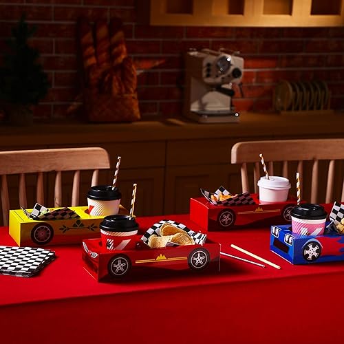 Miniatura 5 de Lincia 12 cajas de comida para fiestas de autos de carreras, suministros para fiestas de cumpleaños, bandejas de alimentos con cajas de aperitivos y