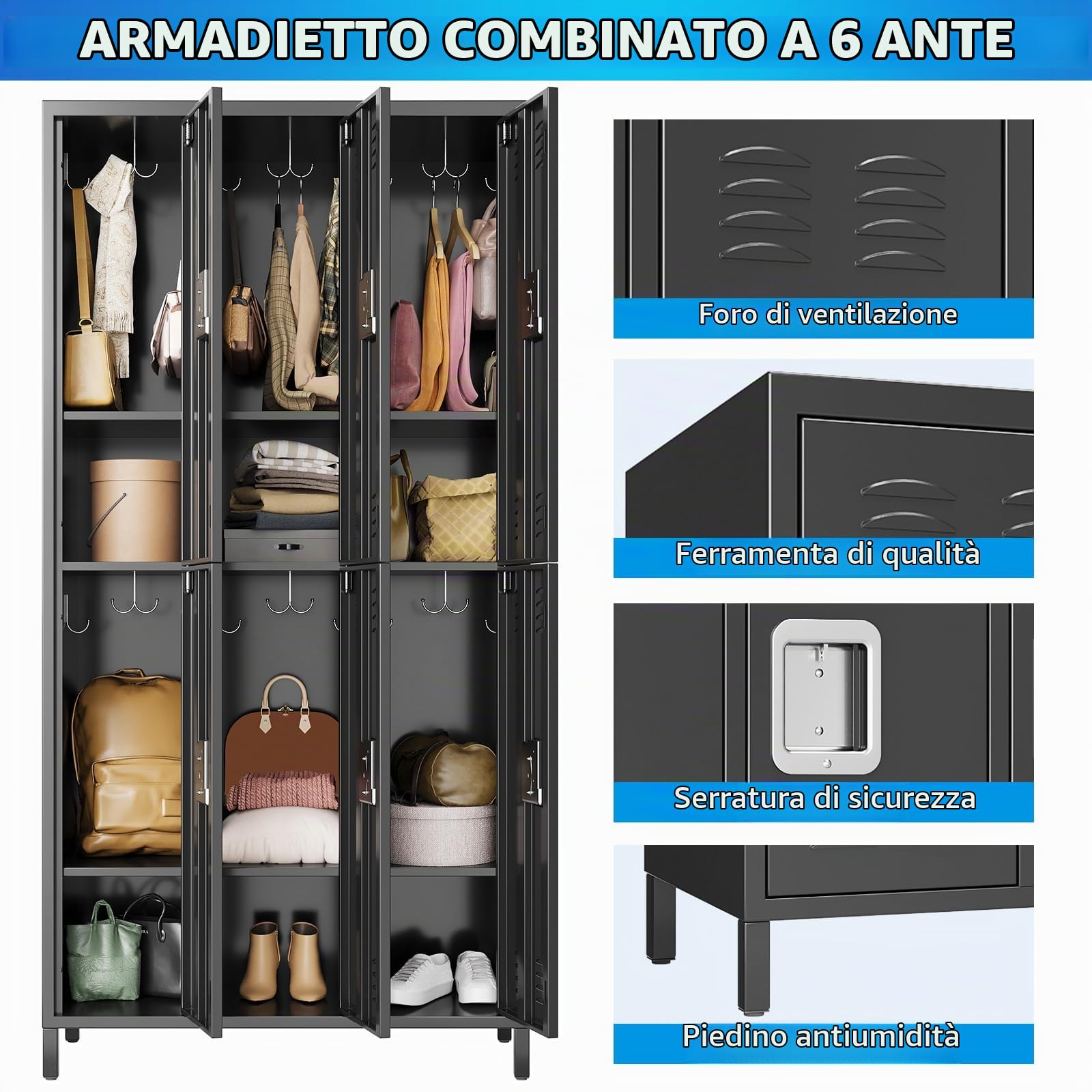 GarveeHome Armadietto Spogliatoio,Armadio in Metallo Armadio Multiuso Con 6 Scomparti, Porta Etichette, Fessure Di Ventilazione, Armadio Con Serratura Chiave Armadio in Acciaio, 90 x 40 x 182 cm