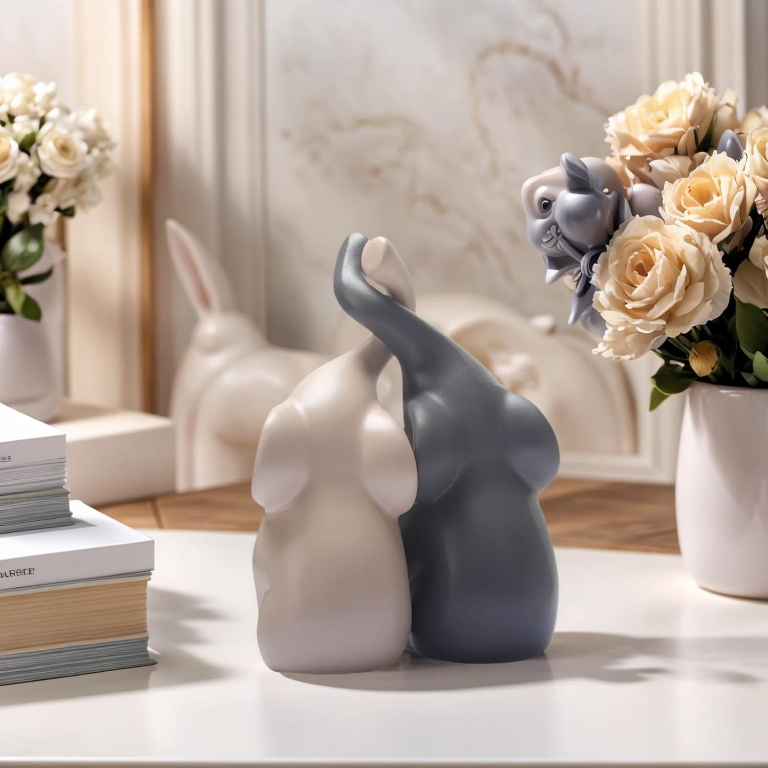 Modern Loving Couple Elephant Statue Set in Beige & Grey - 6 Inch Decorative Figurines for Living Room, Dining Table, Shelves & Entryway - Wedding, Women's Home Decor Sculptures - Image 7