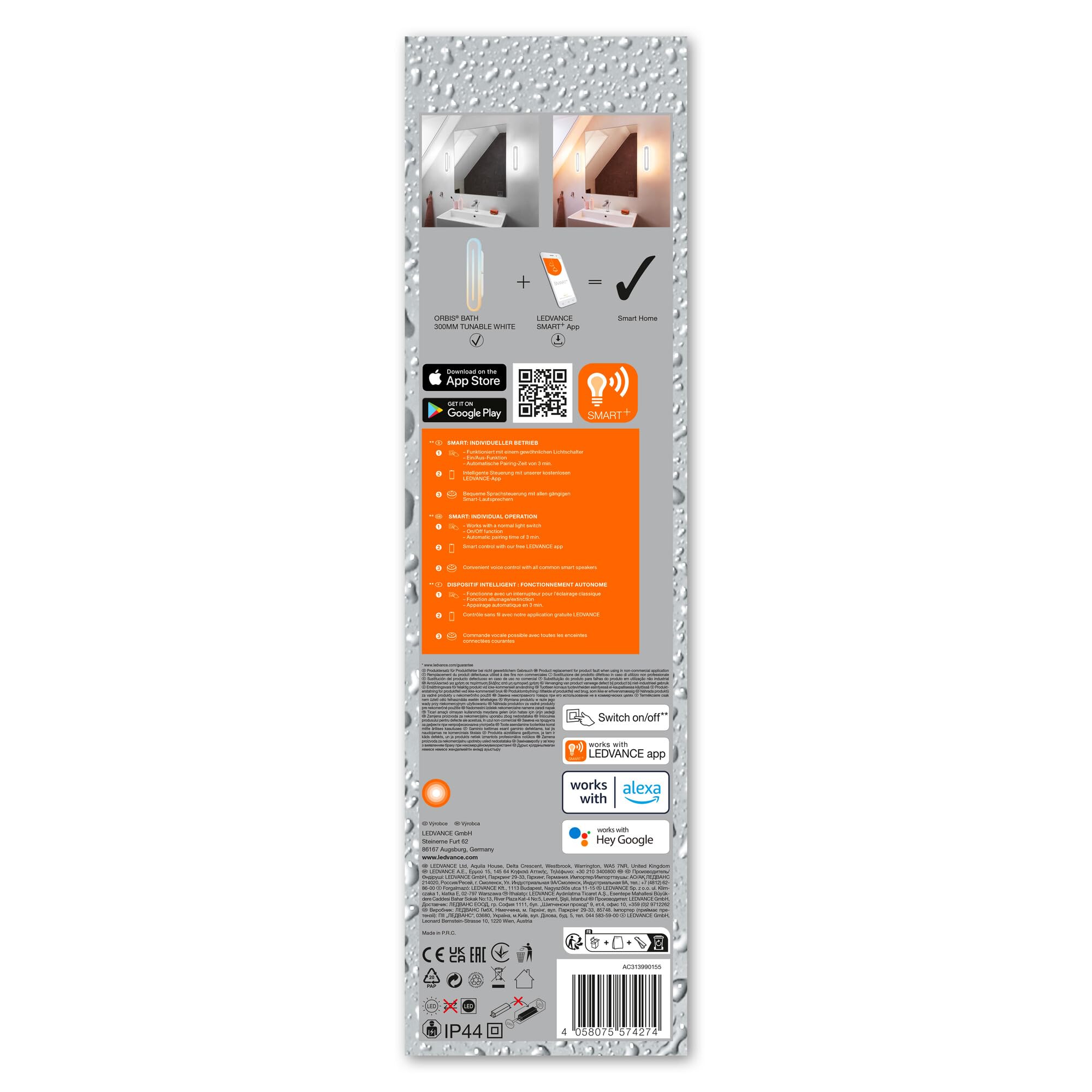 LEDVANCE Apparecchio di illuminazione: SOFFITTO E PARETE DECORATIVO BAGNO CON TECNOLOGIA WIFI /13W, 220…240V, ampiezza fascio luminoso: 110, Tunable White, 3000…6500K, materiale del corpo: steel, IP44