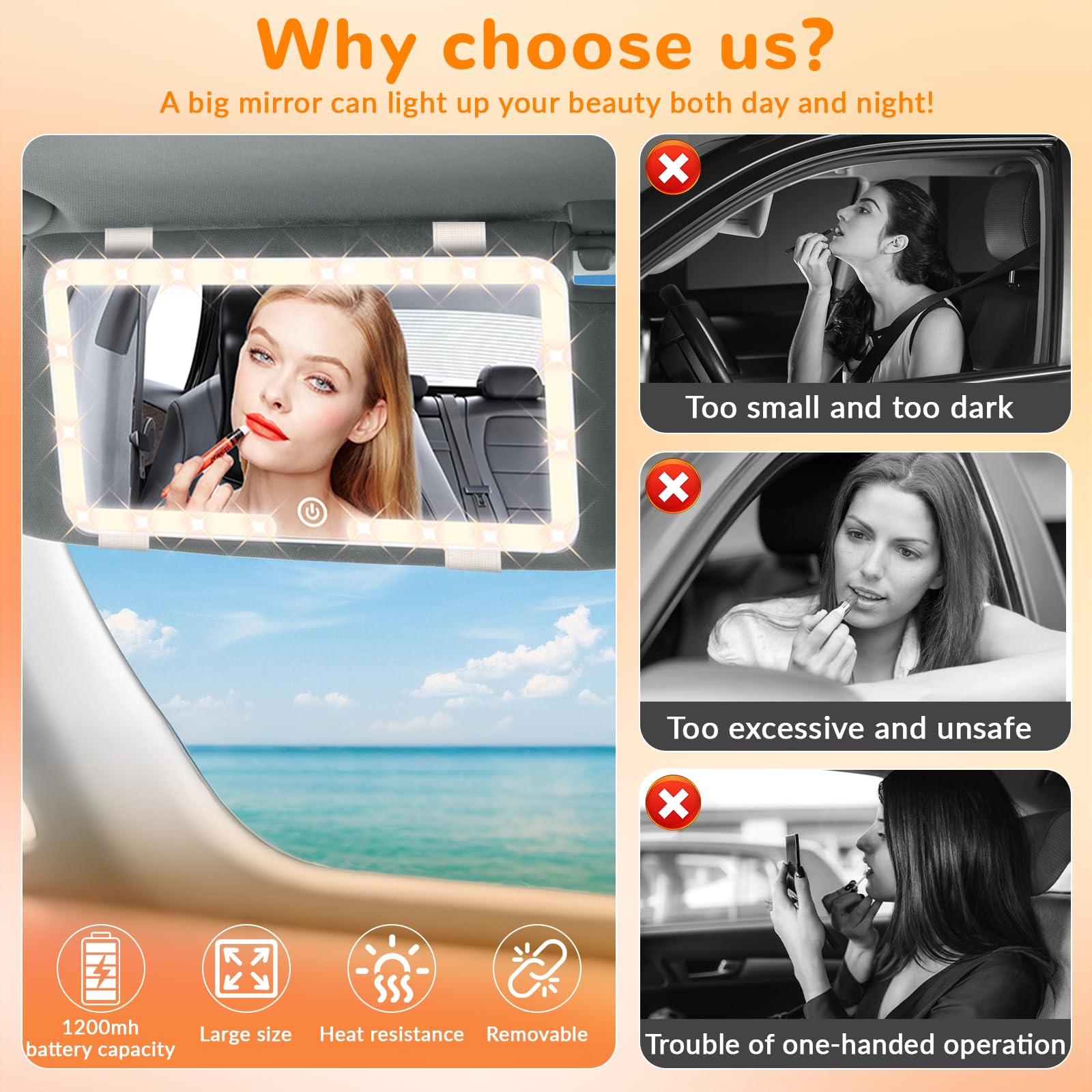Pavlleen Specchio Auto LED,Specchio Trucco con Luci per Auto,3 modalità di illuminazione,regolabile Illuminato,USB ricaricabile,pulsantiera touch,Blanco