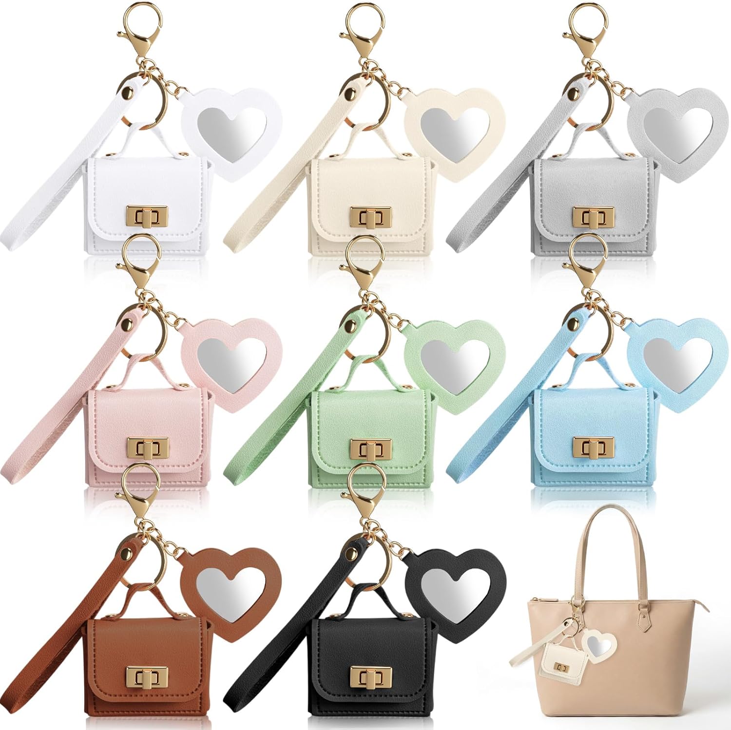 Syhood 8 Pcs Mini Backpack Keychains Cute PU Leather Cosmetic Handbags with Heart Mirror Waterproof Makeup Lipstick Bag Key Pockets Zipper Pouch Card Holder for Women