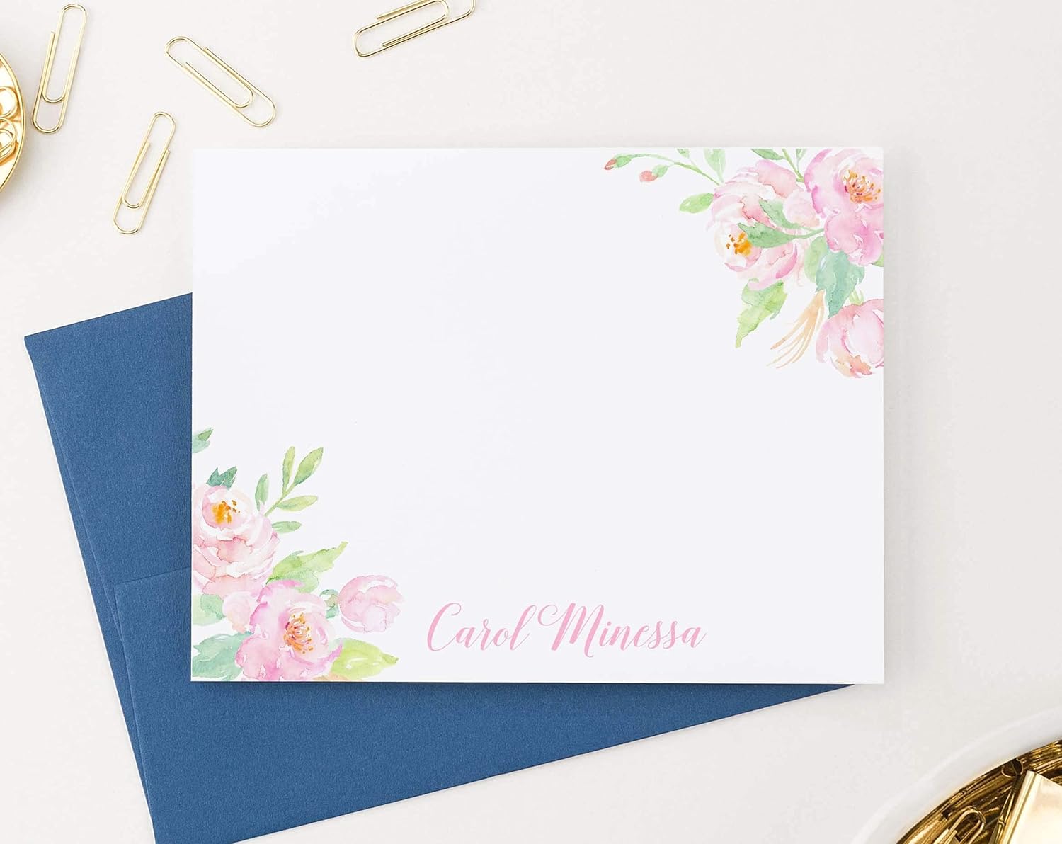 Modern Pink Paper Personalized Floral Stationary with Envelopes, FLAT Floral Notecards for Women, Personalized Floral Note Cards with Envelopes, Your choice of Colors and Quantity