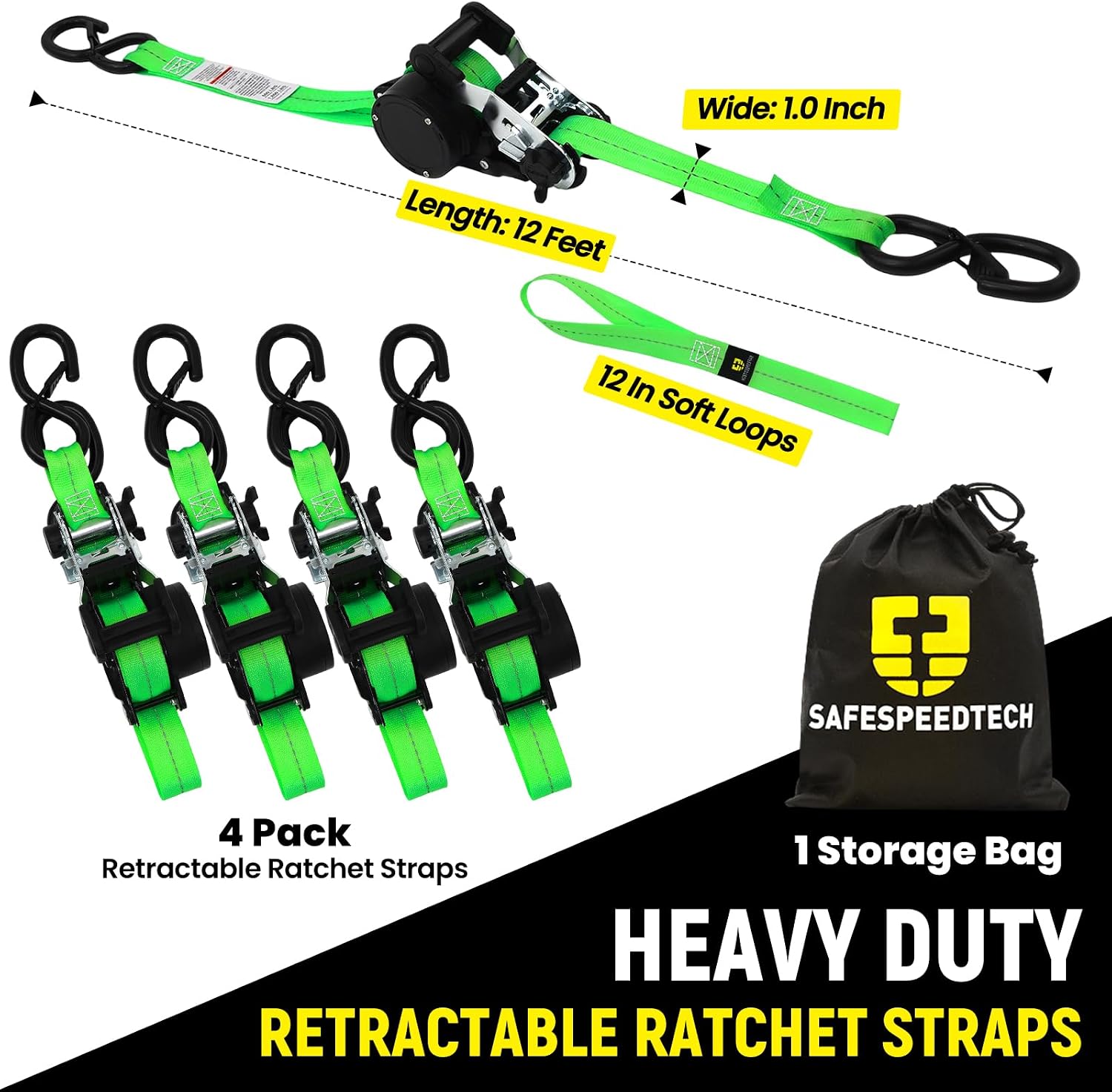 Retractable Ratchet Straps (4pk) - 1 inch x 12 feet (1800lb Break Stength) - Heavy Duty Retractable Straps - Self Retracting Tie Downs with Soft Loops - Auto Ratchet Straps for Truck, Motorcyle, UTV