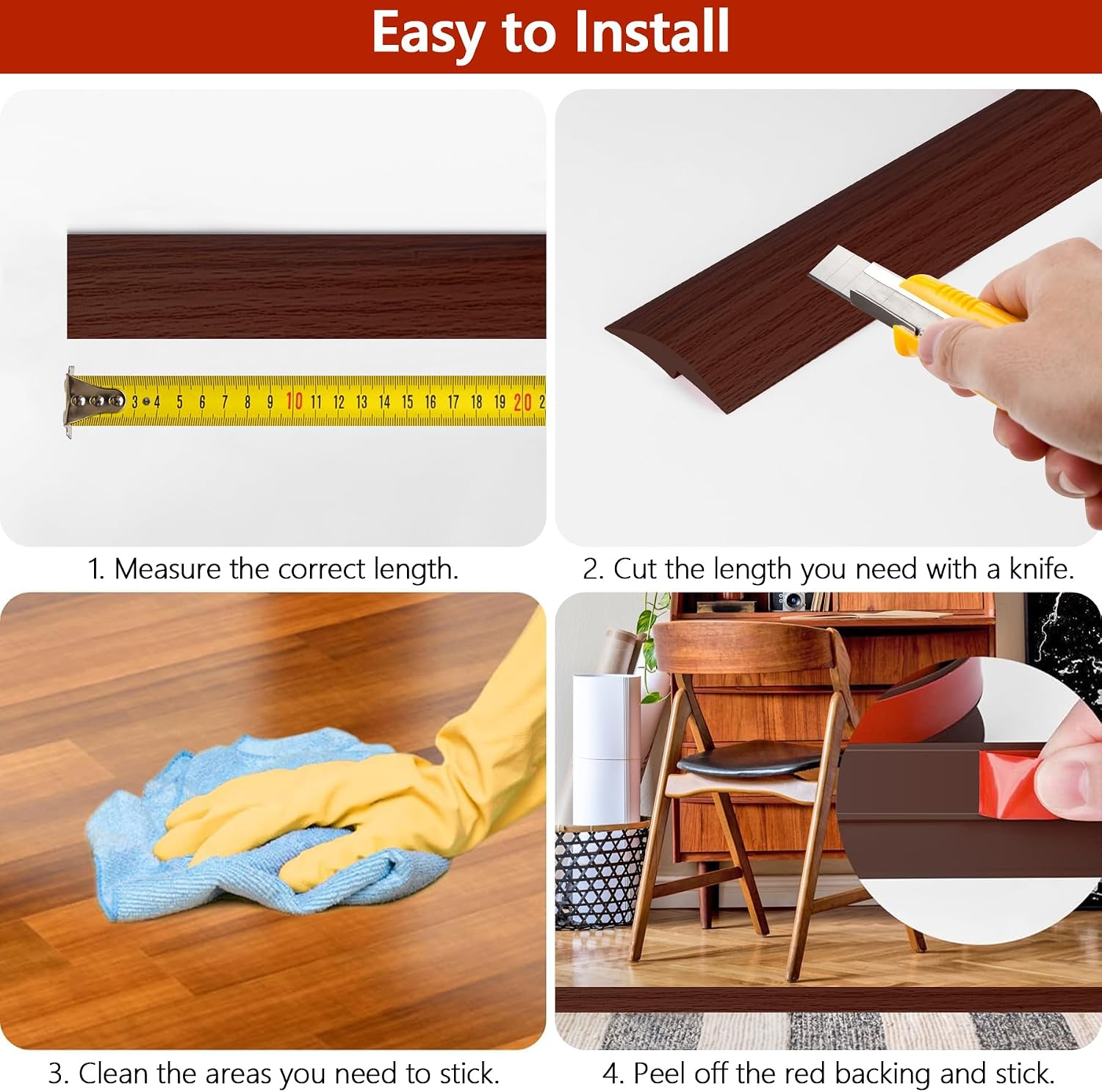 20Ft Floor Transition Strip Self Adhesive Carpet to Tile Floor Edging Trim PVC Threshold Strips, Peel and Stick Floor Joining Strip Suitable for Threshold Height Less Than 5mm (Red Wine)