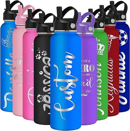 Miniatura 13 de Botellas de agua personalizadas de 24 onzas con nombre grabado, tapa de pajilla, acero inoxidable con aislamiento personalizado, asa de taza Rosado