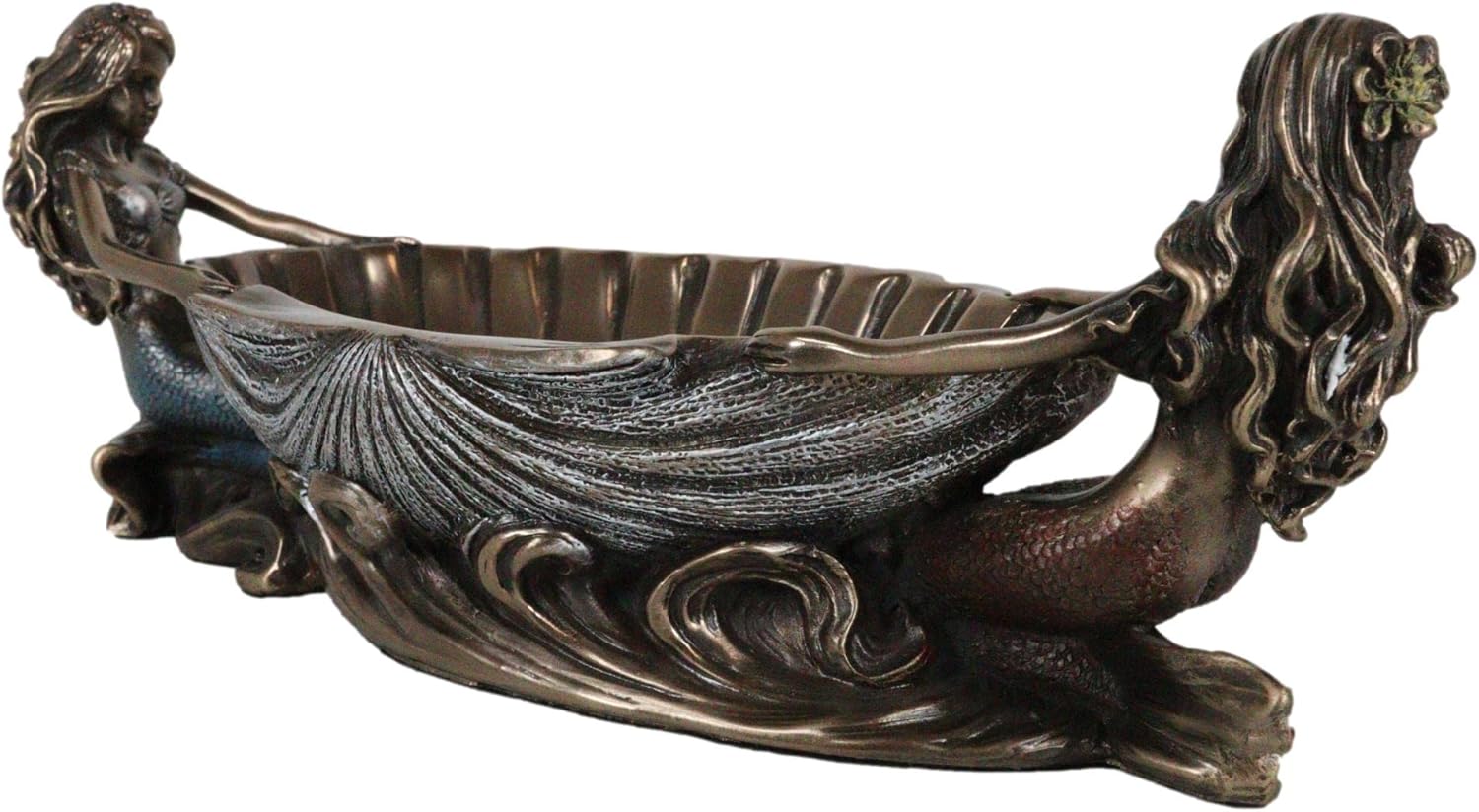 Ebros Gift Nautical Coastal Marine Decor Two Siren Sisters Mermaids Holding Giant Oyster Clam Shell Soap Dish Figurine 9.75" Long Twin Mermaid Fantasy Jewelry Dish Holder