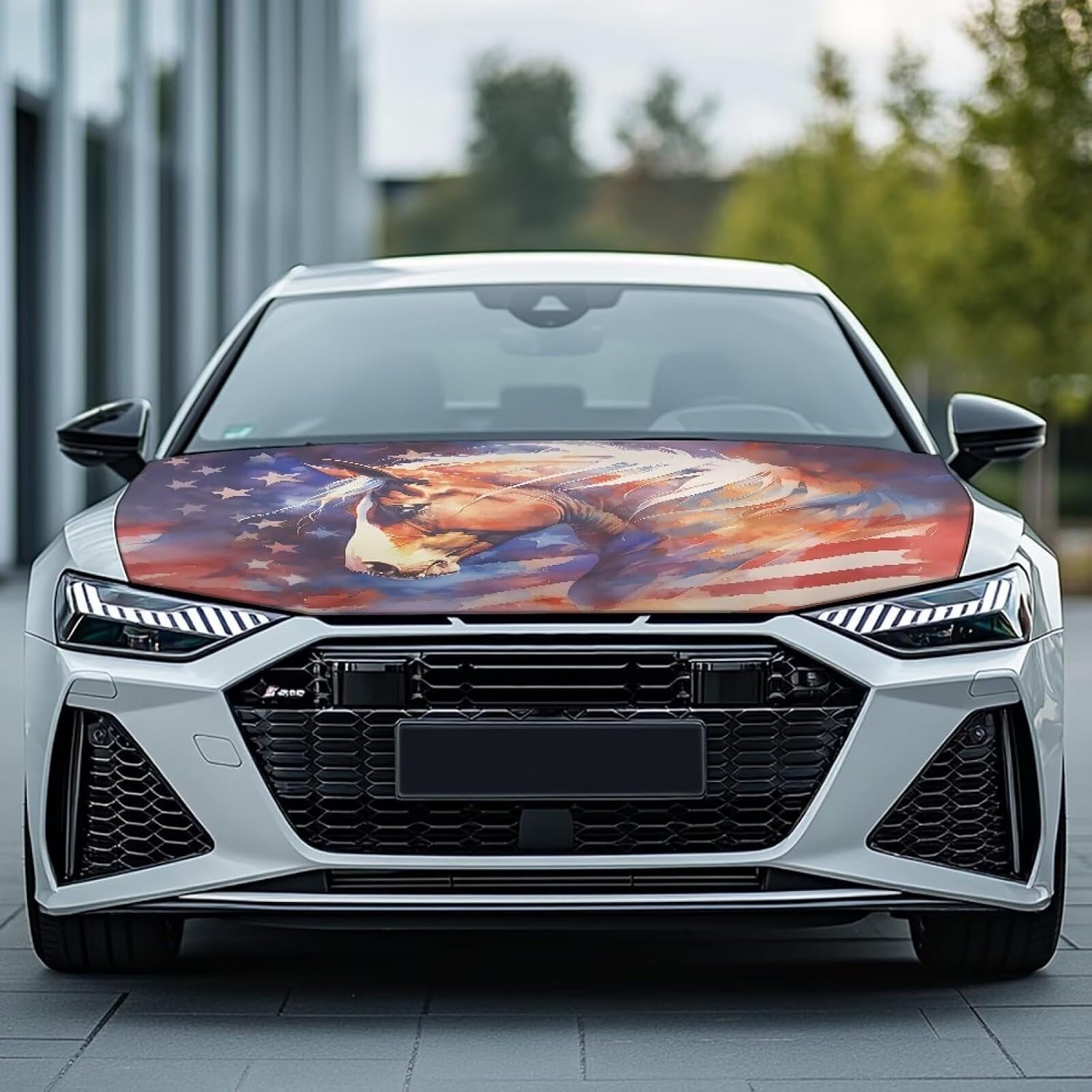AFPANQZ American Flag Horse Print Car Hood Protector with Elastic Edge for Most Vehicles Sedans Trucks Exterior Accessories, Stretchable Polyester Protective Cover for Car Hood