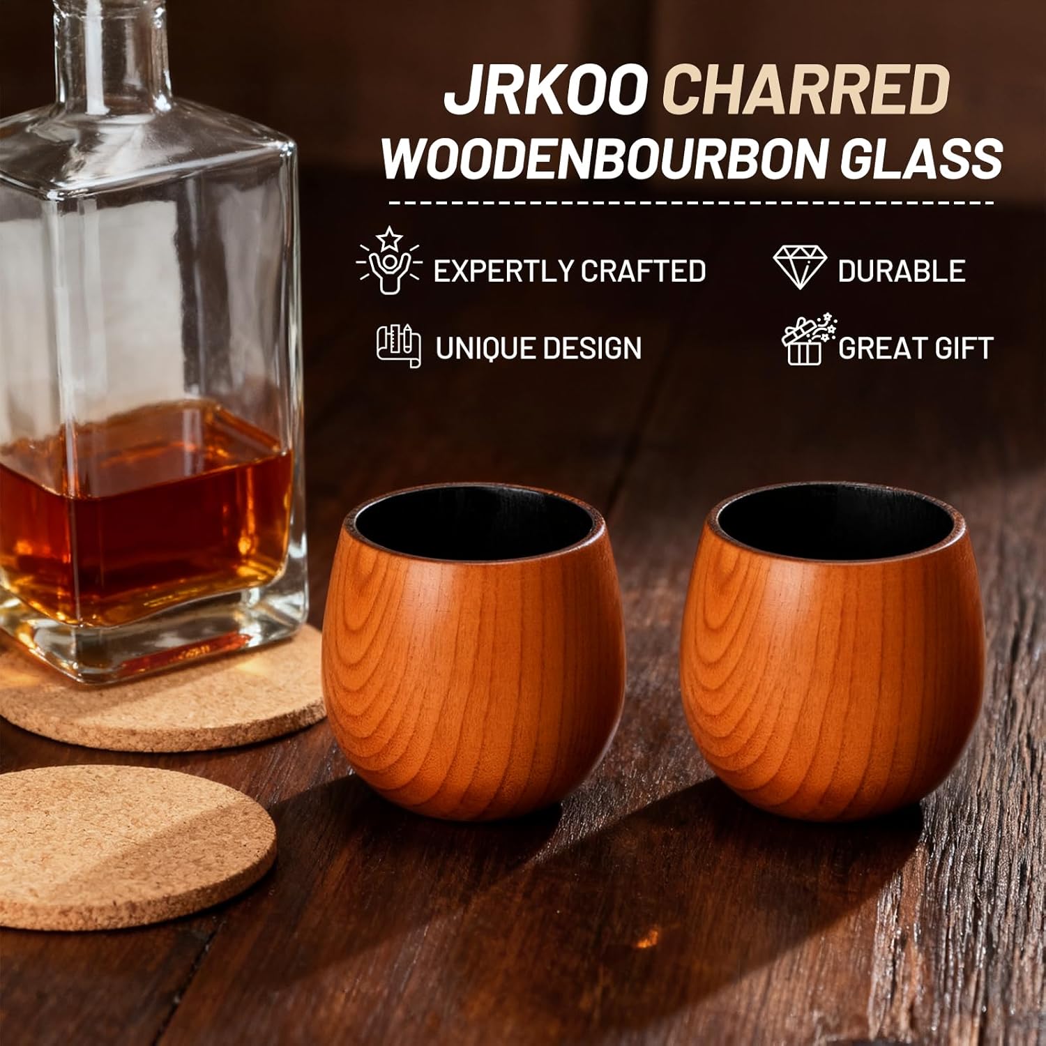 Wooden Whiskey Glass Gifts For Men - Charred Wood Bourbon Whiskey Glasses,Charred Old Fashioned Glass, Bourbon Gift for Dad or Boyfriend on Father's Day, Birthday, Christmas, Thanksgiving (2 Pack) - Image 3
