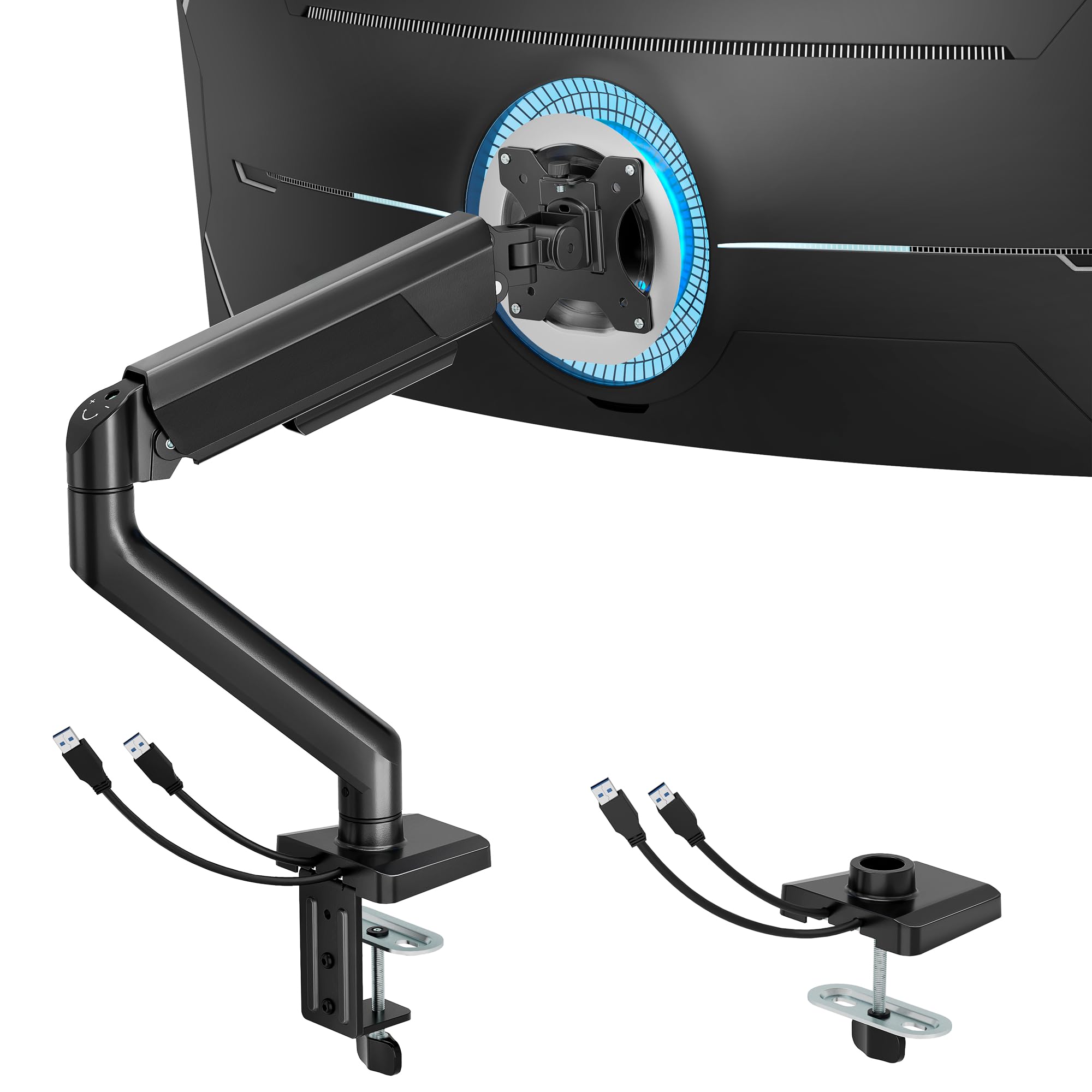ARES WING Braccio per monitor singolo resistente, completamente regolabile, per schermi Ultrawide da 17"-40" fino a 12 kg, con morsetto/occhiello da scrivania e USB A/C, supporto Vesa 75/100, nero