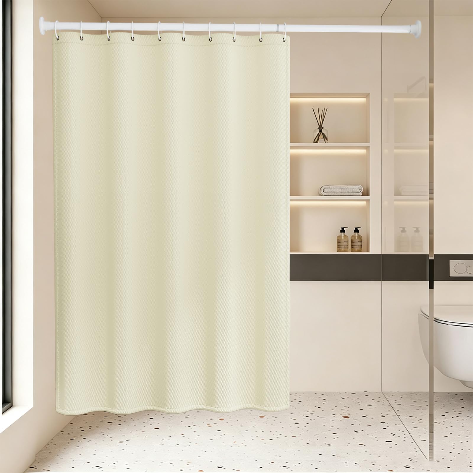Tenda per Doccia 130 x 60 cm Tenda Doccia Monocolore Resistente Alla Muffa, Idrorepellente, Lavabile in Lavatrice, in Tessuto di Poliestere, con Occhielli e Anelli, Color Crema