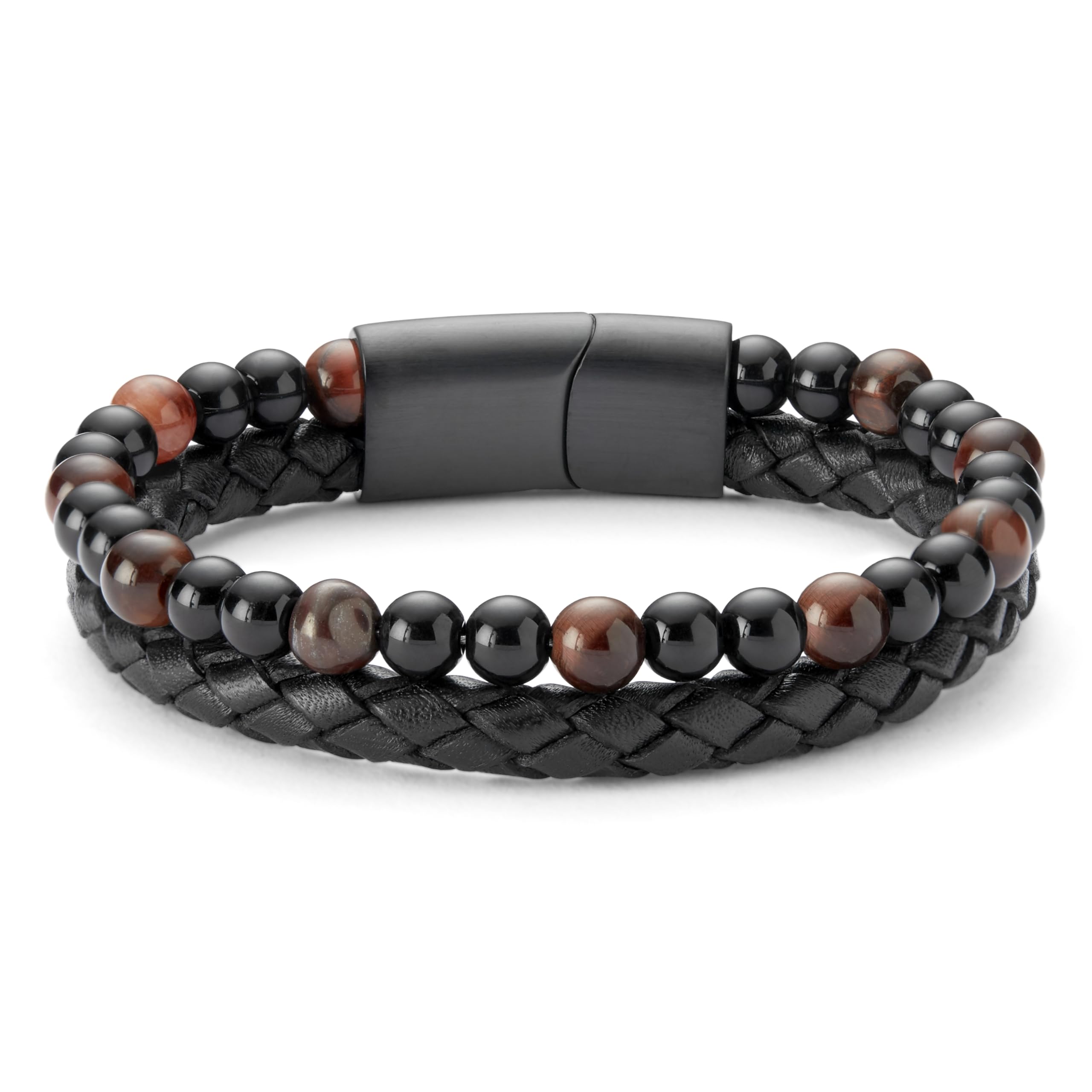 Lucleon by Trendhim Perlenarmband Herren | Roter Tigerauge Schwarzer Onyx und Leder | 316L Edelstahl & Natursteine | Dänisches Design | Magnetverschluss | Schwarz